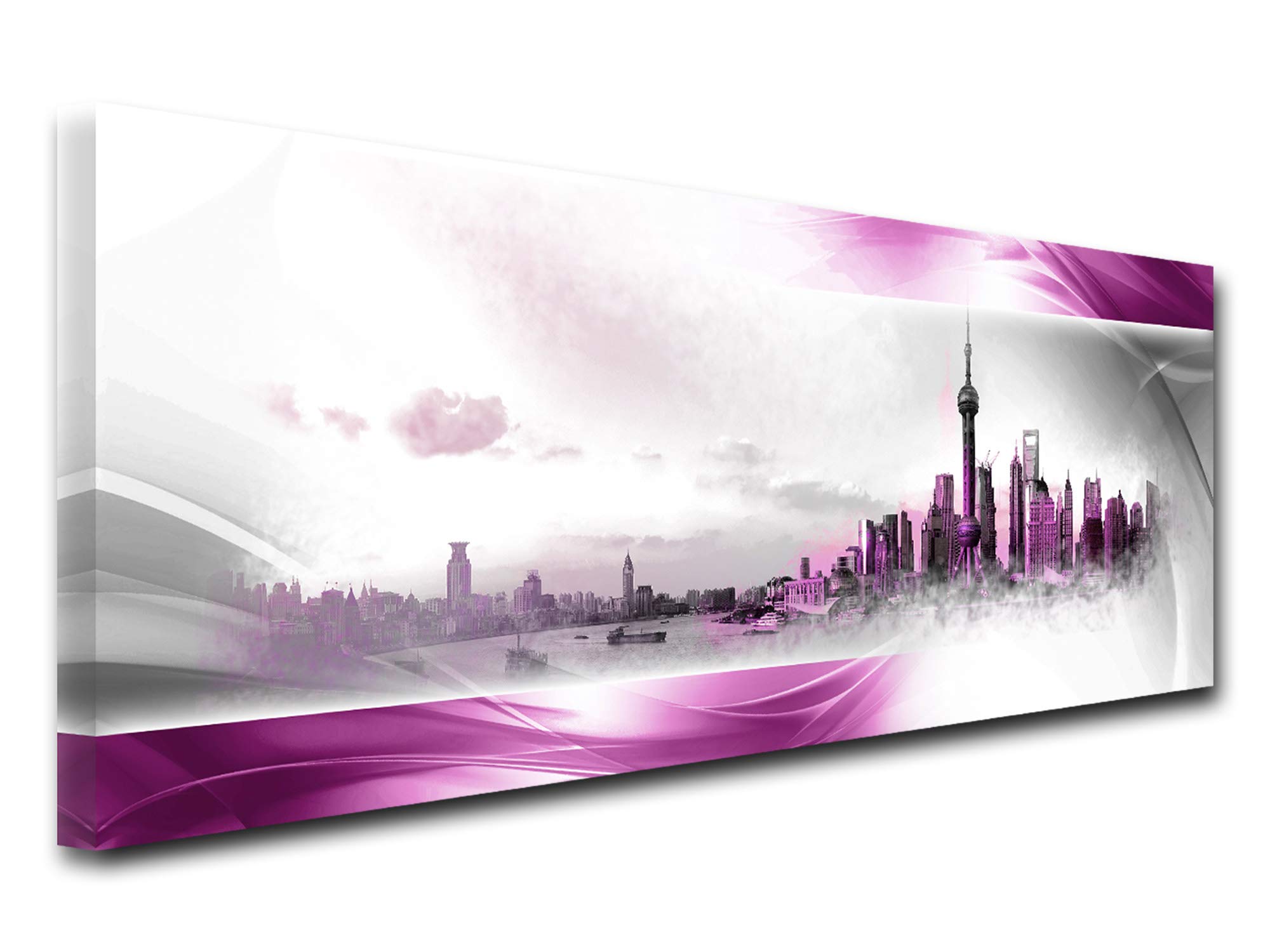 Declina, Quadro decorativo da parete per soggiorno moderno, quadro decorativo da parete, tela panorama di Shanghai rosso 100 x 35 cm, CANVAS, Violet, 100x35 cm