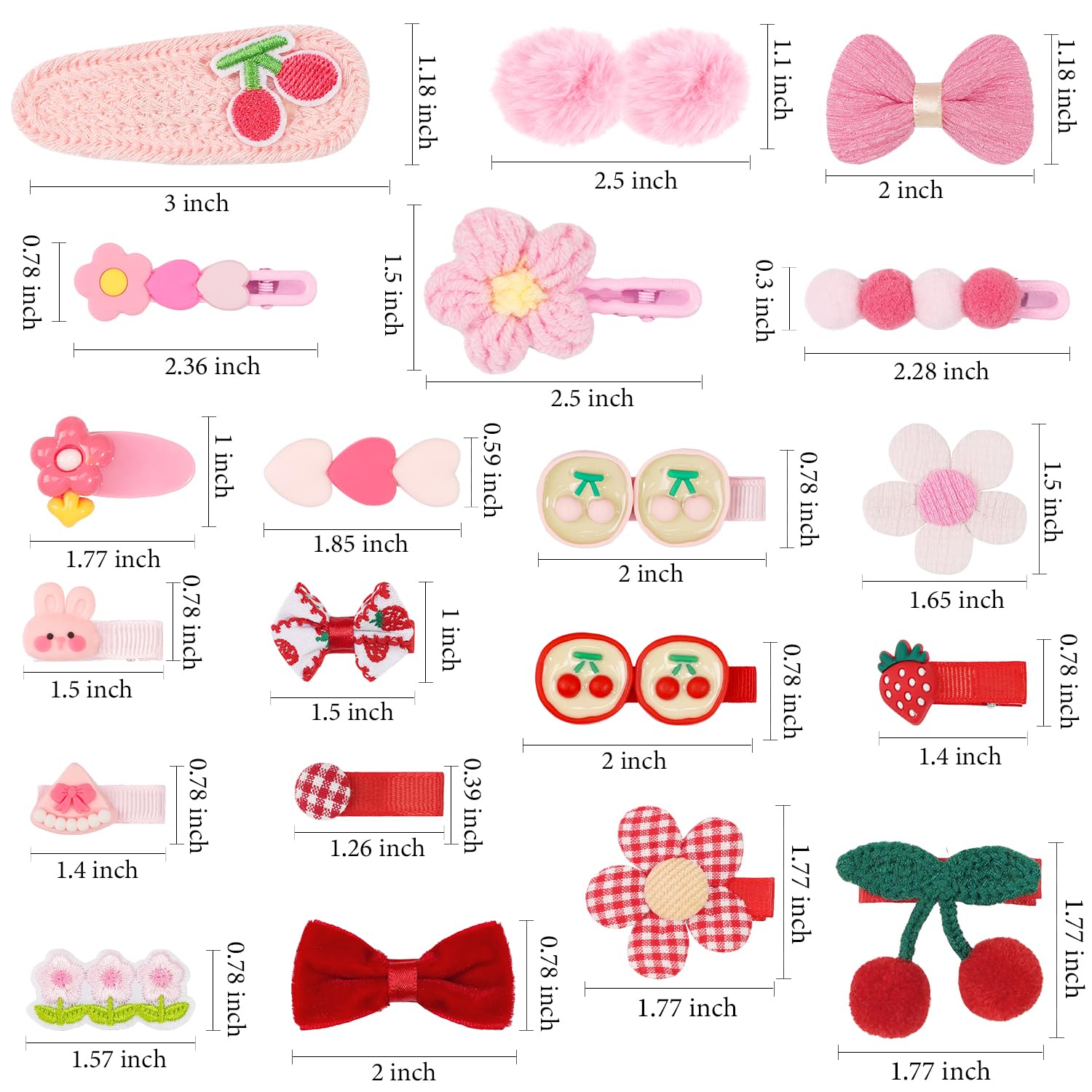 Hair Clips for Girls 20 Pcs Assorted Barrettes for Kids Cheery Bows Heart Pink Red Cute Hair Accessories for Little Girls Teens Toddlers Child Kids Gifts