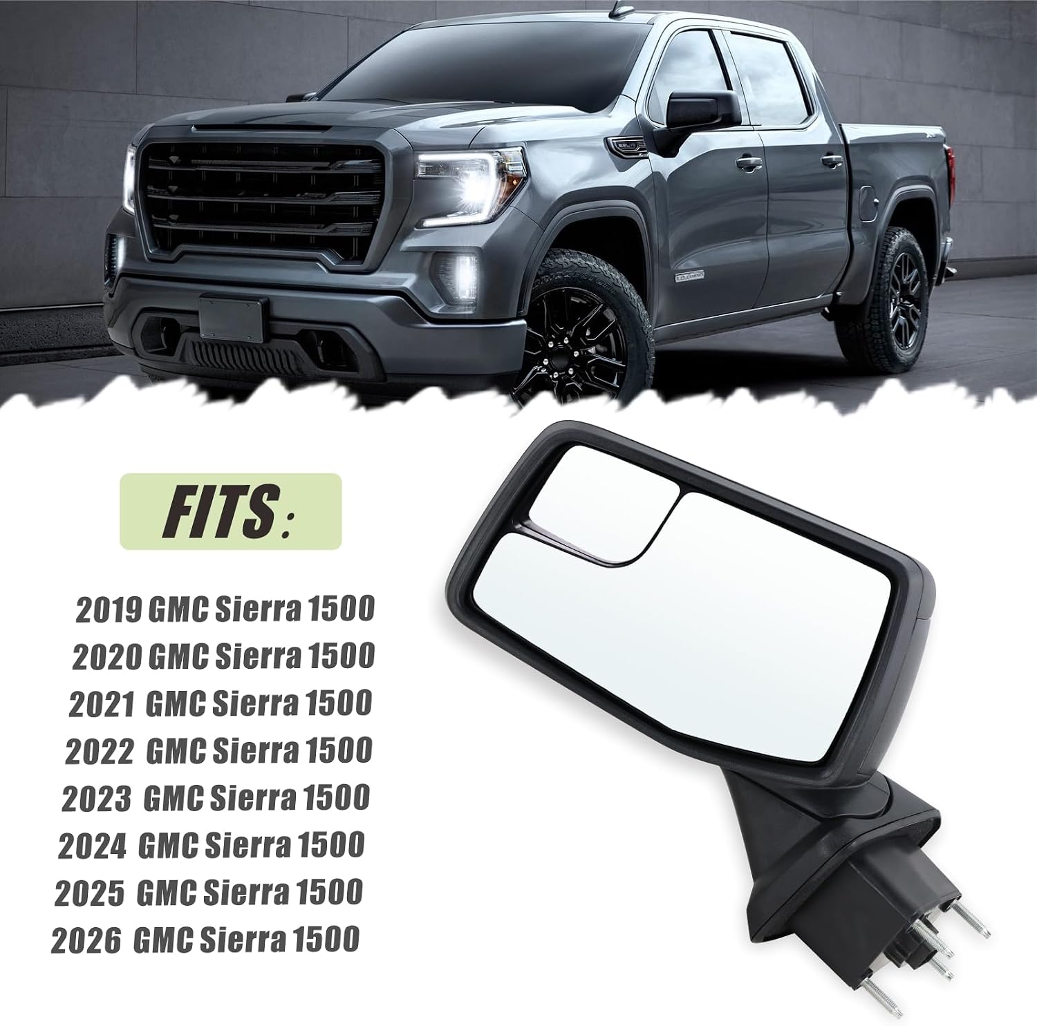 Left Driver Side Mirror Compatible With 2019 2020 2021 2022 2023 2024 2025 2026 GMC Sierra 1500 With Manual Folding Power Glass Heated Matte Black Replace#84732161,84309731(5Pins)