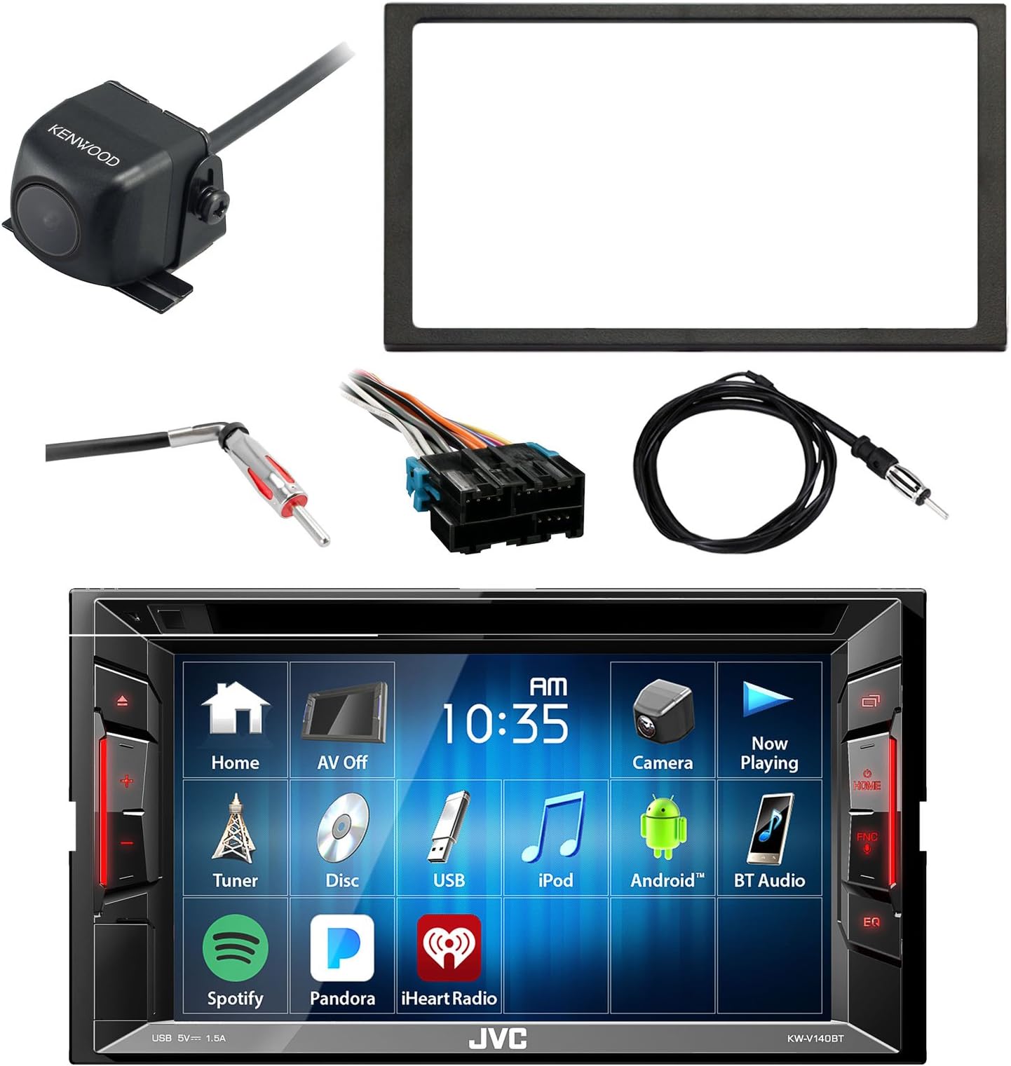 JVC KWV140BT 6.2 LCD Bluetooth CD DVD Car Stereo Receiver Bundle Combo with Waterproof Rearview Backup Camera + Dash Kit + Wire Harness for GM Vehicles + Enrock 22 AM/FM Radio Antenna with Adapter