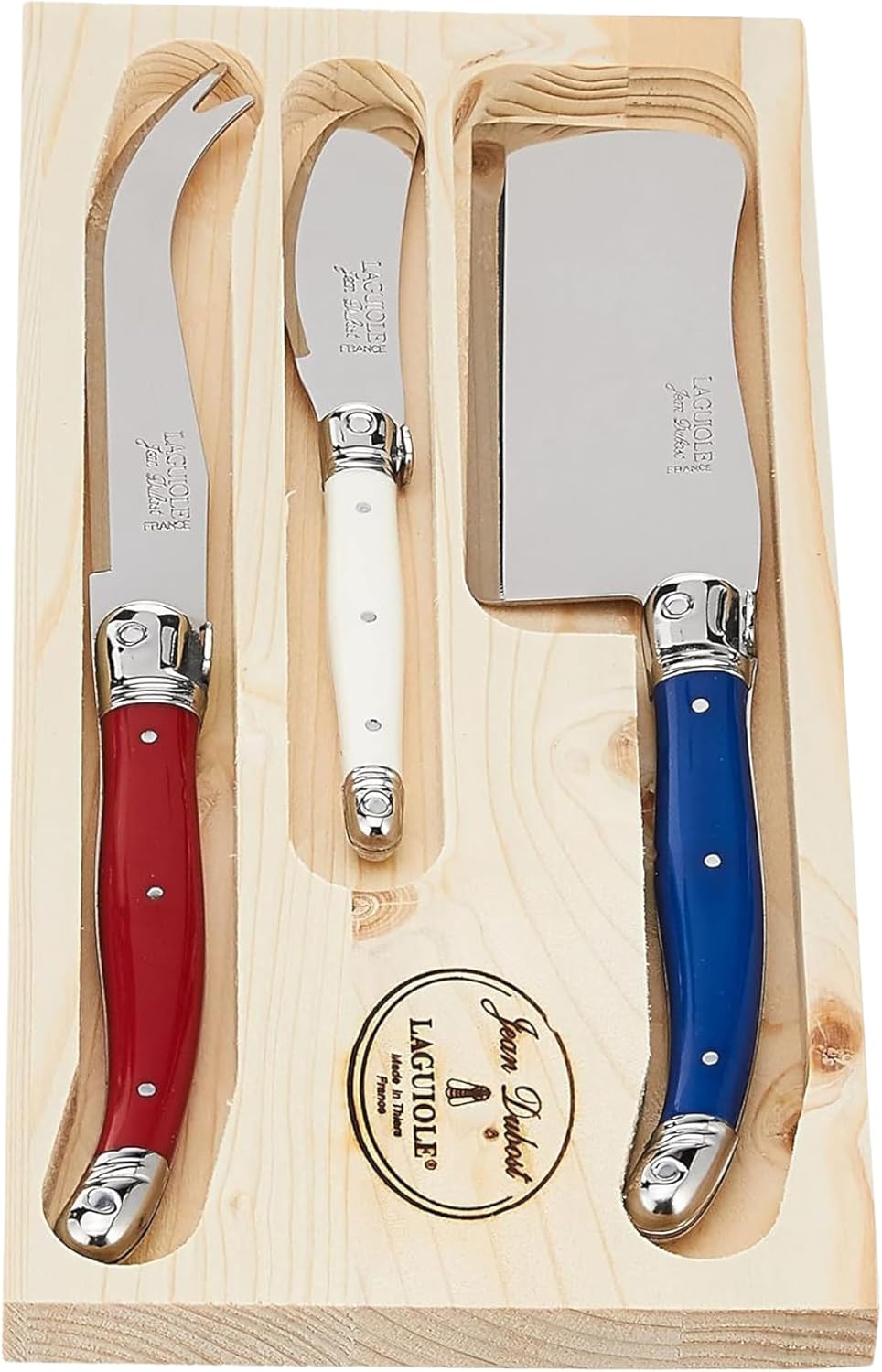 Jean Dubost Laguiole 3-Piece Cheese Knife Set, Paris-Colored Handles - Rust-Resistant Stainless Steel - Includes Wooden Tray - Made in France