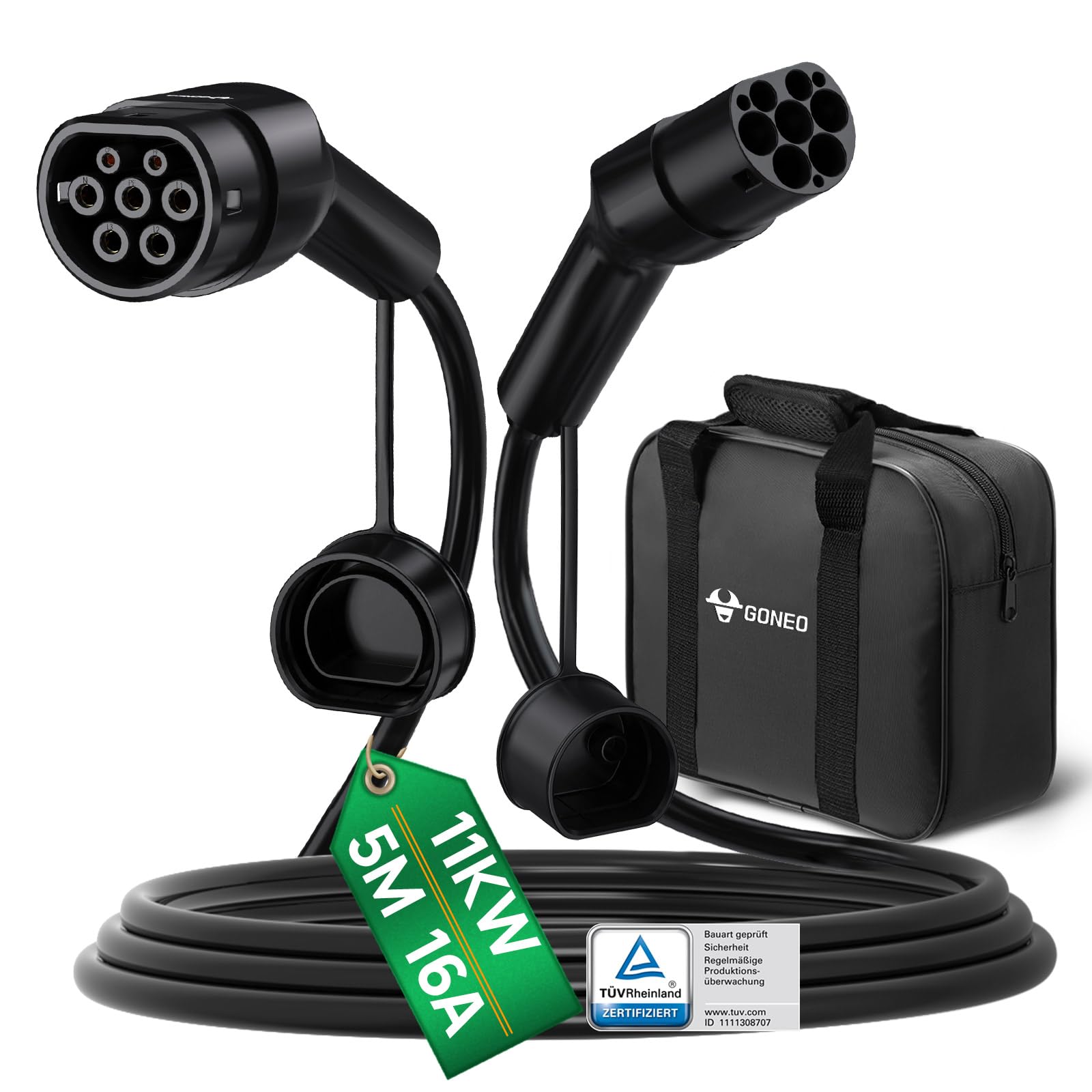 GONEO Typ 2 Ladekabel 11kW 5M 16A Ladekabel Elektroauto 3 Phasig für E Auto EV/PHEV Mode 3 mit Tasche Geeignet für Model S/3/X/Y e-Golf ID.3 i3/i8