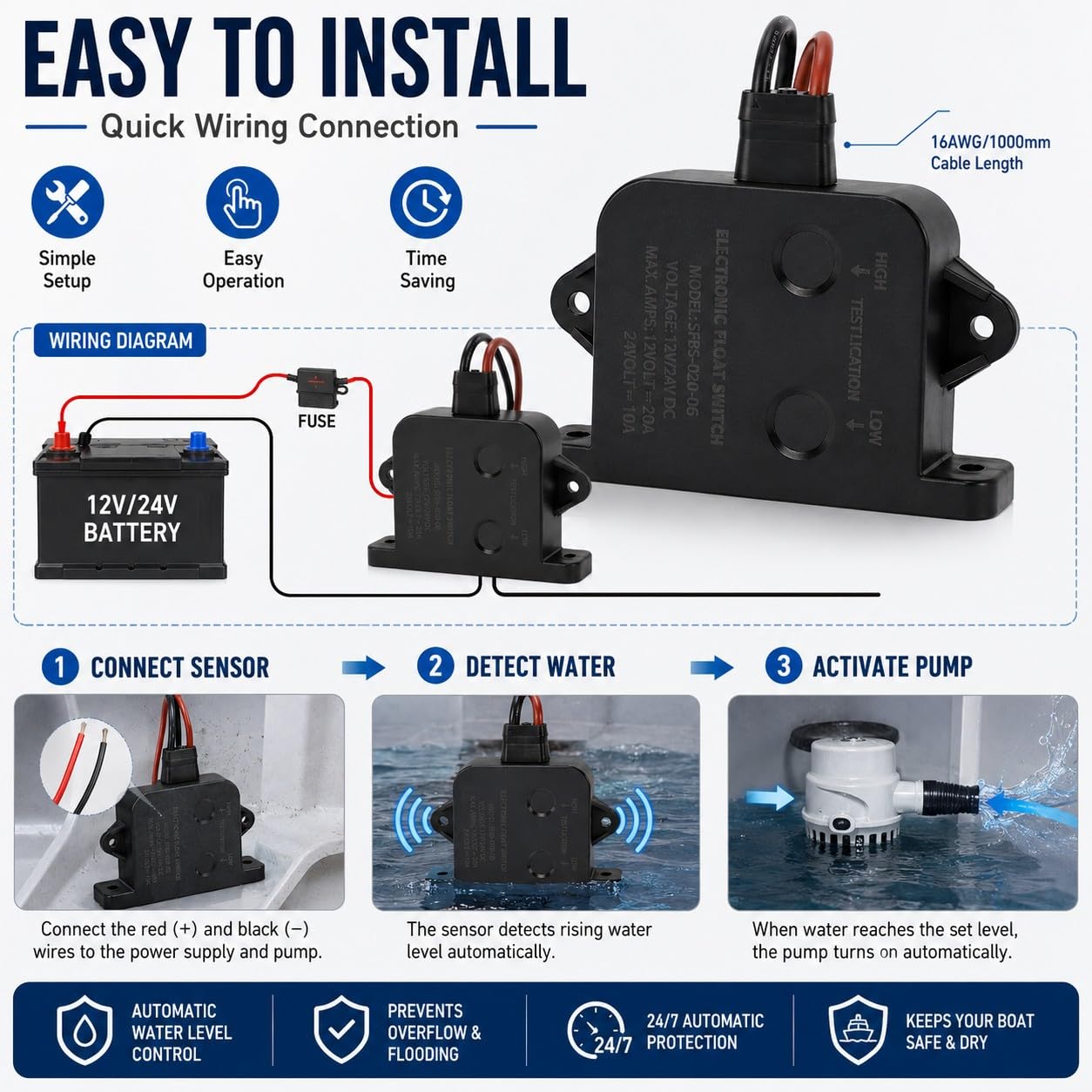 Sensor de bomba de sentina marina Alarma automática Bomba de sentina Interruptor de flotador Interruptor de sensor de nivel de agua Aparato de alarma para yates Bomba de 24V