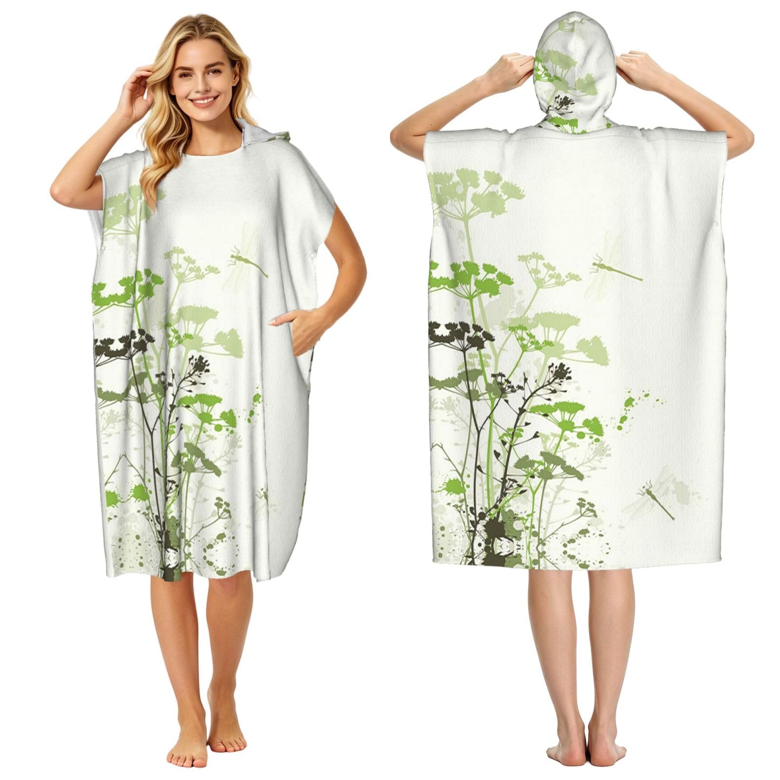 ESNAIUVCD Foliage And Herbs With Dragonflies Winged Print Changing Robe, Hooded Towel Poncho For Swimming Pool, Beach,Quick Dry Light Weight Towelling Poncho
