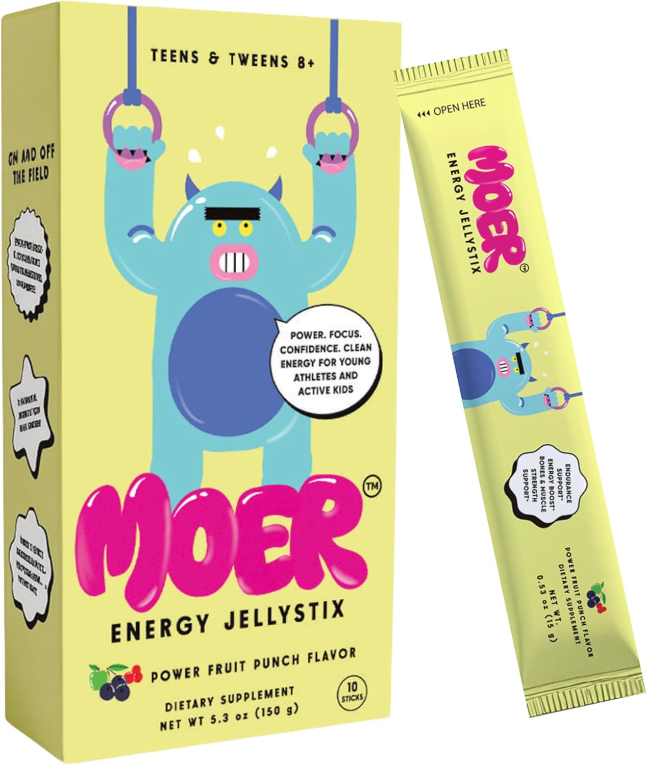 MOER Energy JellyStix Kids 8+ VIT B-Complex for Energy Boost VIT D for Bone & Muscle Support Black Currant + Cranberry for Endurance Support No Caffeine Gluten-Free Fruit Punch Flavor 10 Sticks