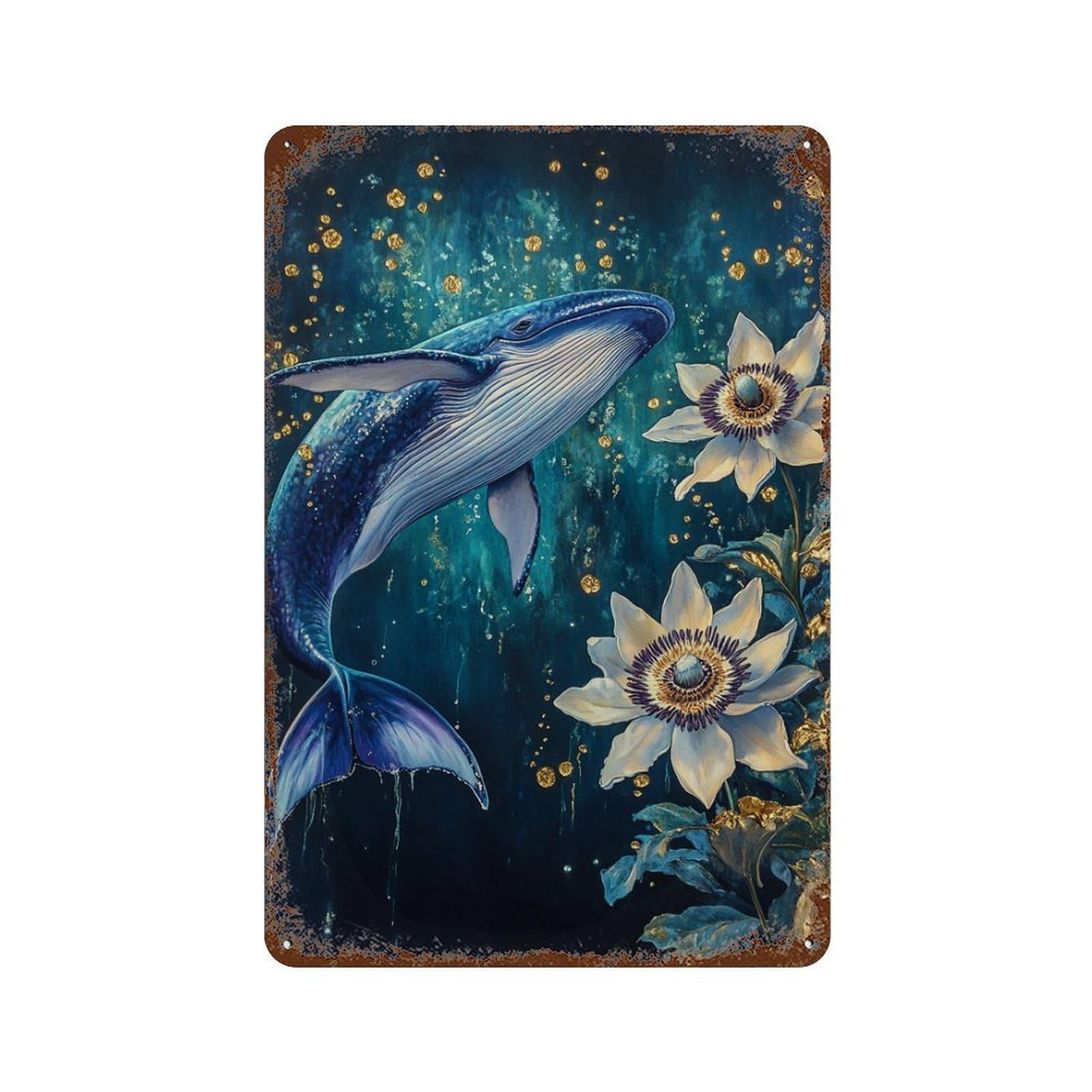 Distressed Metal Wall Sign Whale And Flowers Ocean Art 11.8"x7.9", Rustic Home Decor for Farmhouse, Kitchen And Entryway Decor