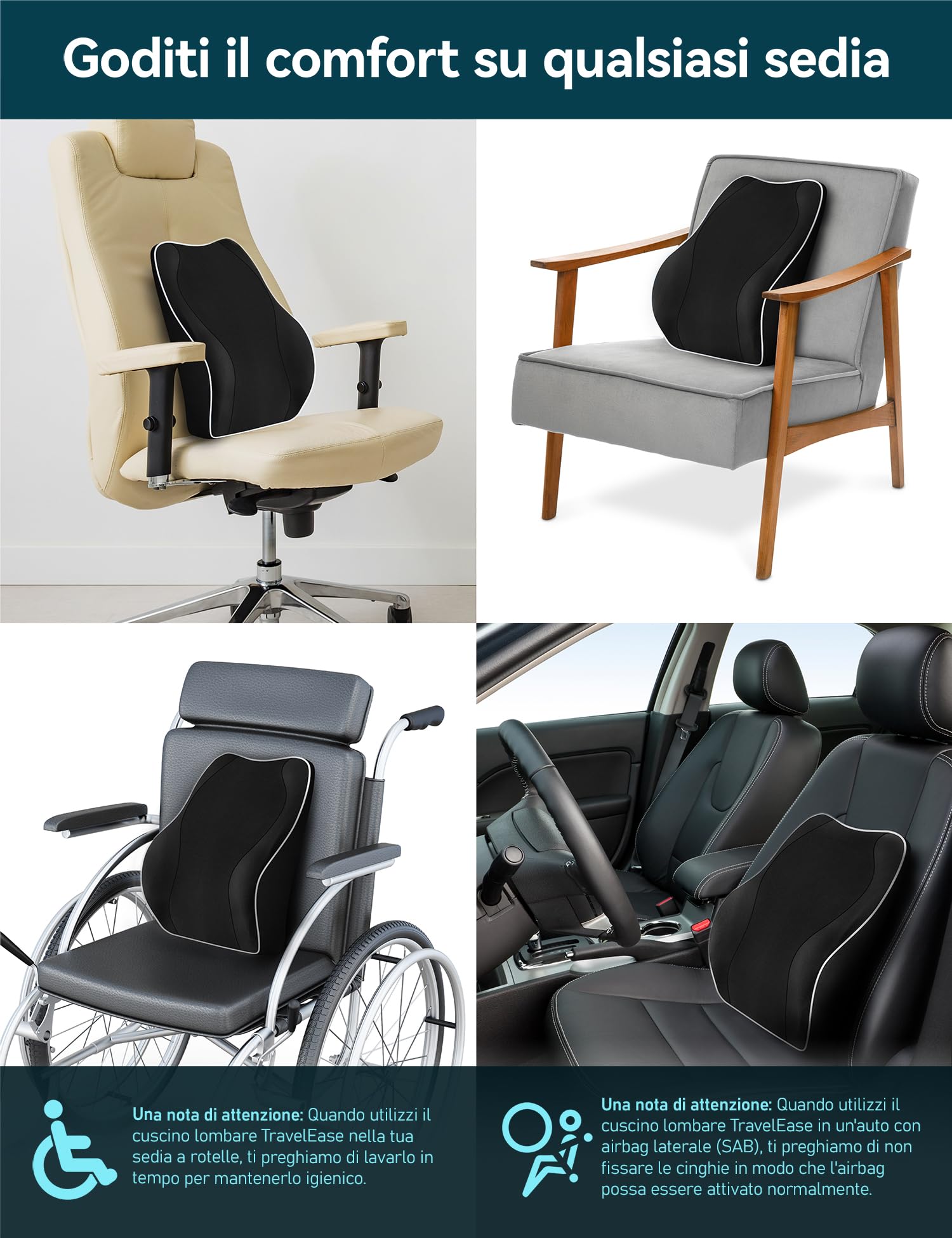 Travel Ease Cuscino Lombare Ergonomico, Supporto per la Schiena in Schiuma di Memoria per Seggiolino Auto Sedia da Ufficio, Schienale con Rivestimento Antistatico e Doppie Cinghie Regolabili, Nero