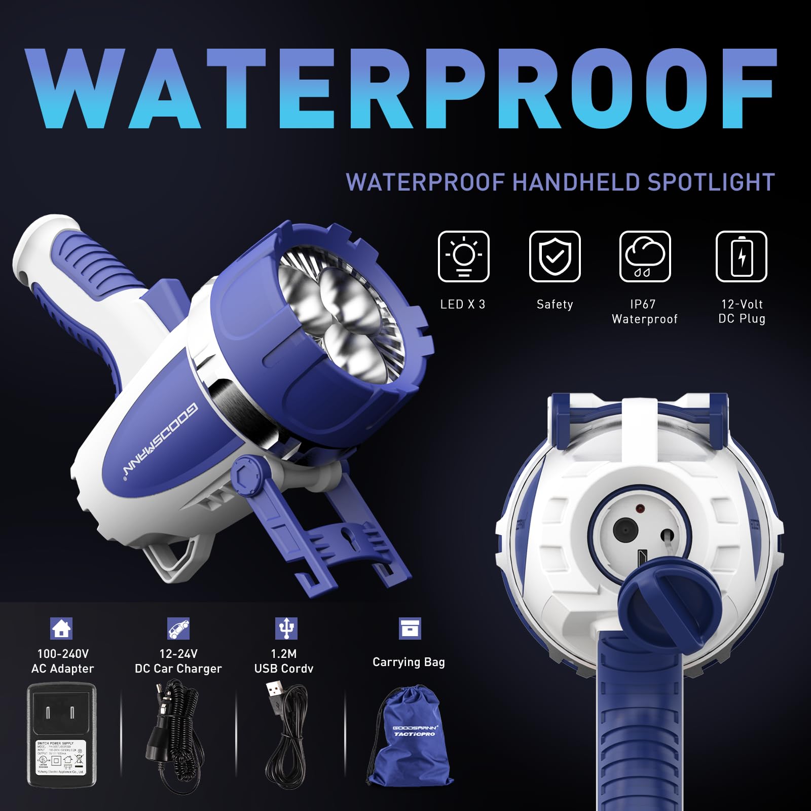 GOODSMANN Faretto ricaricabile con torcia a LED, portatile, impermeabile IP67, per esterni, fino a 3000 lumen, per escursioni, canottaggio, caccia