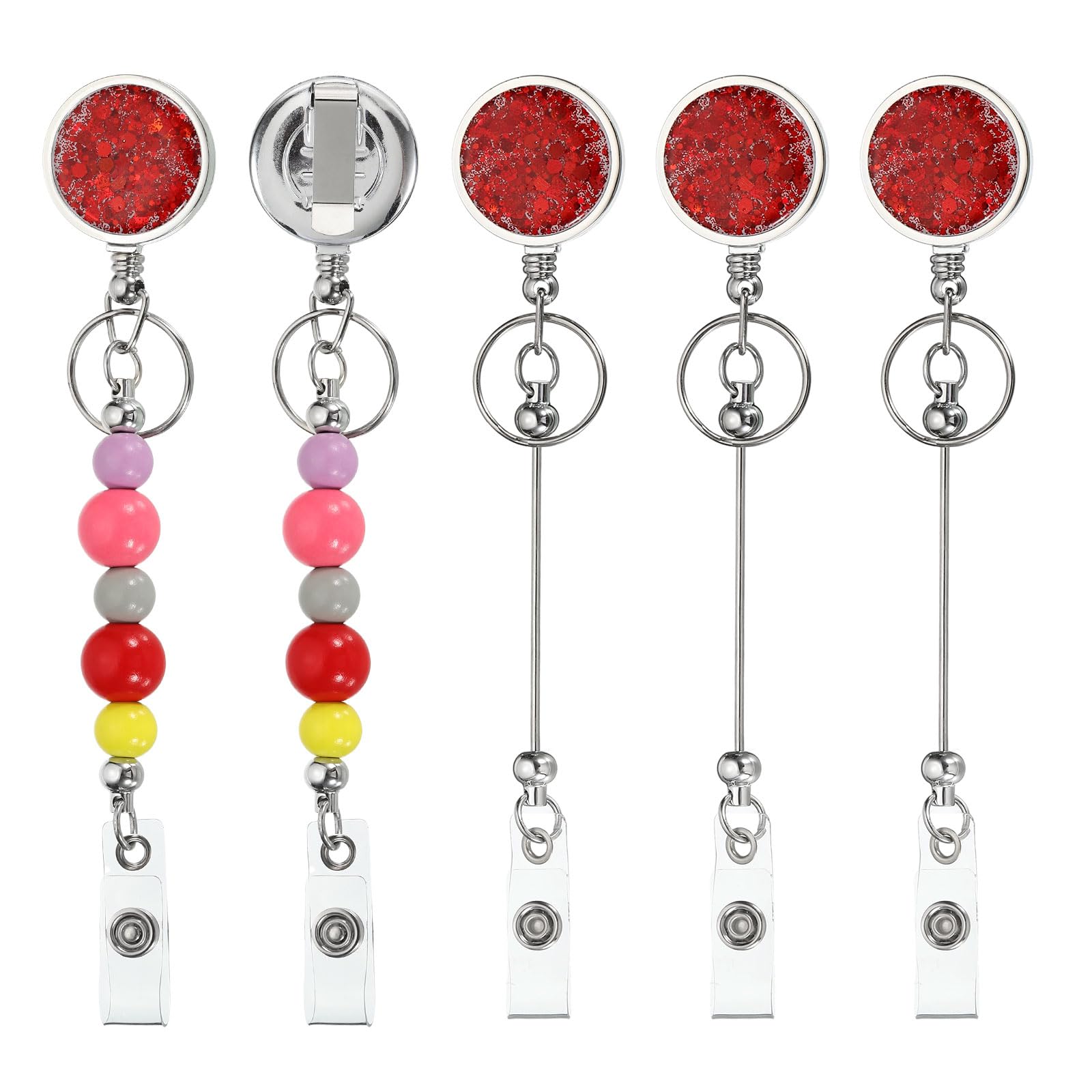 PATIKIL Beadable Badge Reels, 5 Pcs Bead Retractable Badge Holder, Retractable Bead Reel Keychain Blank Bar with Belt Clip for ID Name Key Teachers Office Workers DIY Gift, Red