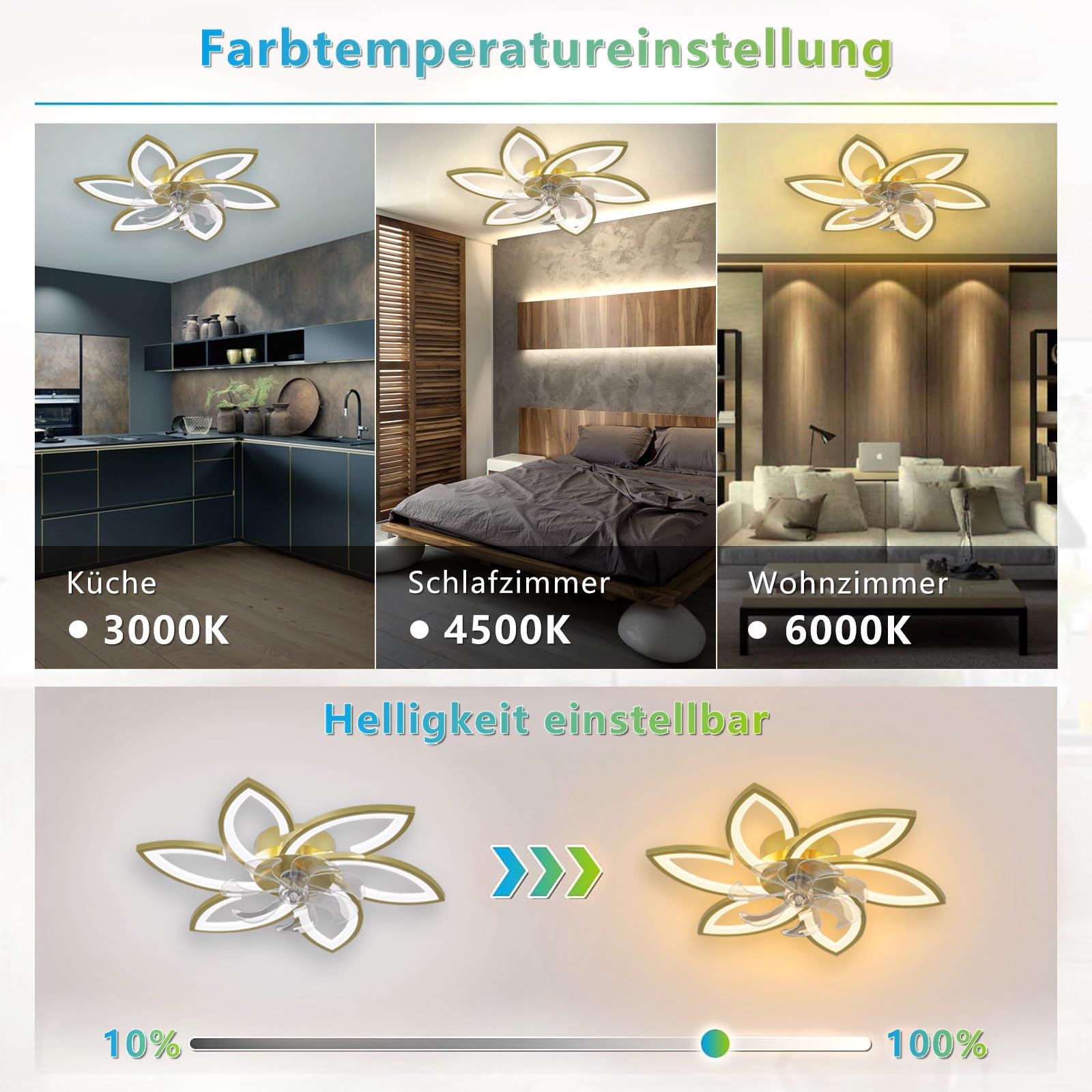 Ventilador De Techo LED Con Iluminación, 66W Regulable Lámpara Colgante, Silencioso Con Luz Para Sala De Estar Dormitorio Comedor, Blanco Gold, 6 Köpfe 78x15cm