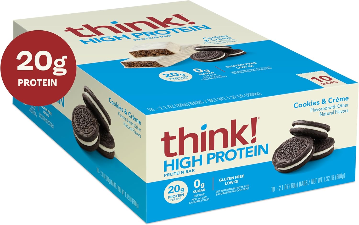 think! Protein Bars, High Protein Snacks, Gluten Free, Kosher Friendly, Cookies and Crème, Nutrition Bars, 2.1 Oz per Bar, 10 Count (Packaging May Vary)