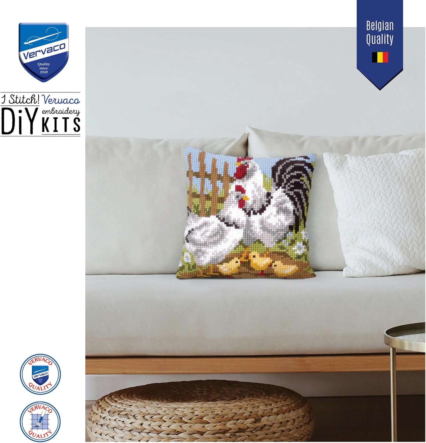 Vervaco Cross Stitch Cushion Kit Chicken Family on a Farm