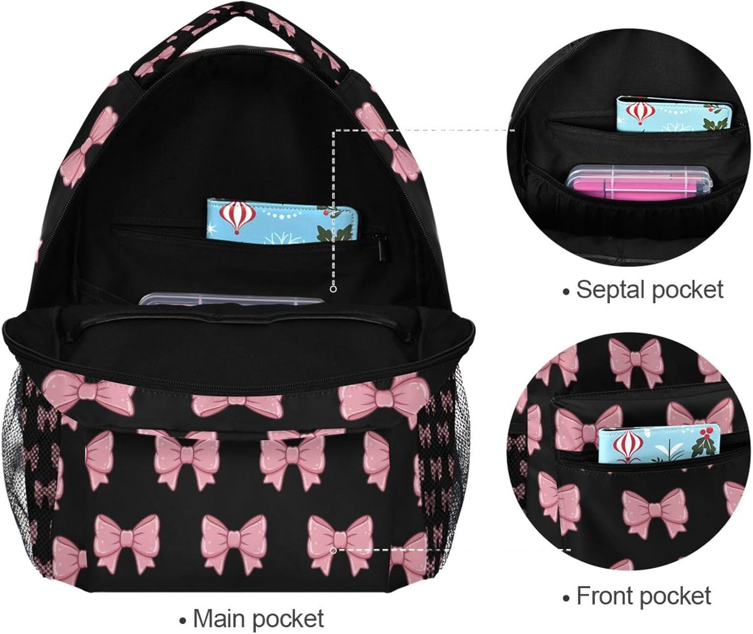 Pink Black Bows School Backpack Bookbags, Athletic Student Laptop Book Bag,Backpack with Side Pockets for Travel, Hiking, Camping