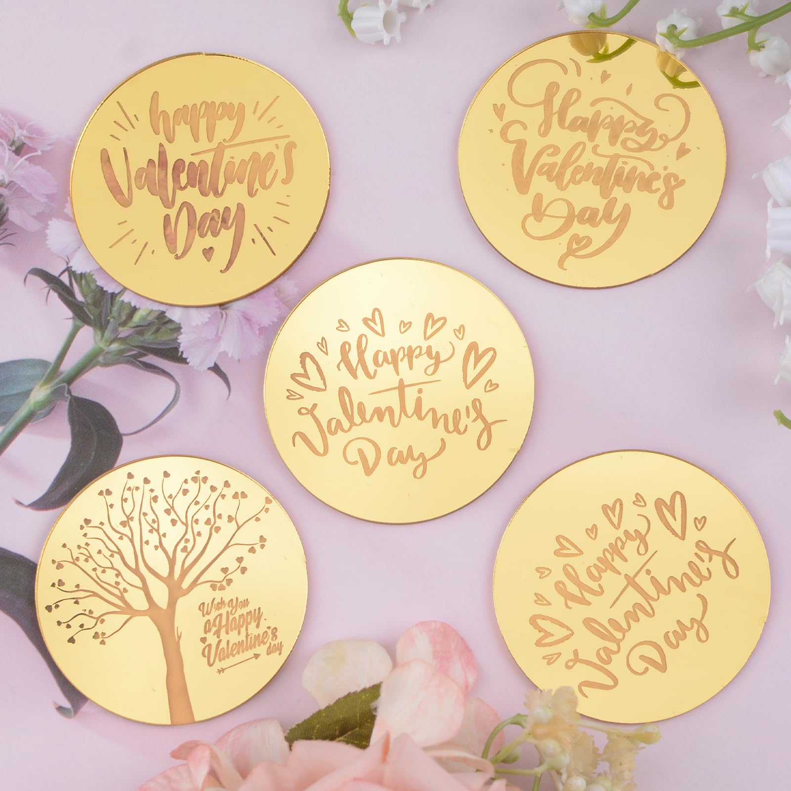 URROMA Valentine Gold Cupcake Toppers, 40Pcs Reflective Round Cake Dics Acrylic Cake Signs Mirror Cake Charms for Valentine's Day Gift Decor - Image 4