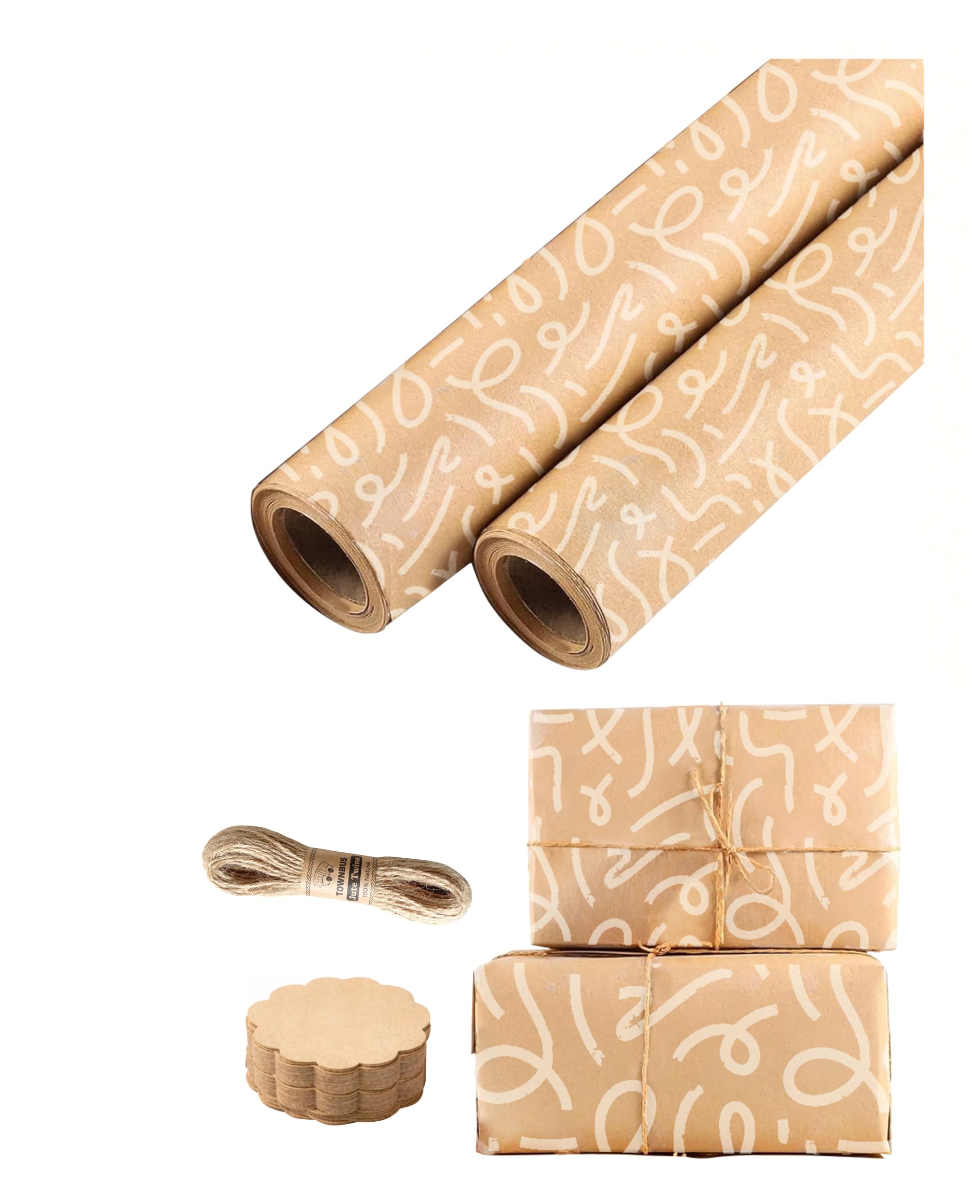TOWNBUS Kraft Wrapping Paper Pack of 10 (45cm x 60cm, 100 GSM) | White Smudge line Print | Includes 10 Tags & Jute Ropes | Ideal for Gift Packing, Bouquet Wrapping & DIY Crafts