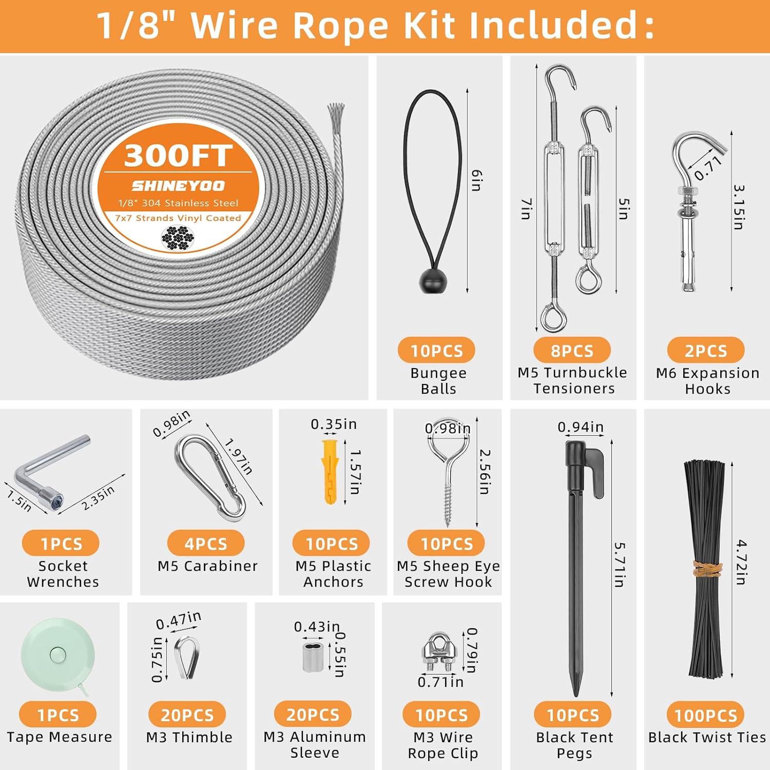 300FT 1/8" Wire Rope Kit - Vinyl Coated 304 SS, 7x7 Strands Cable with Turnbuckles for Outdoor, Garden, Patio & Crafts - DIYers, Campers, Homeowners- Weatherproof & UV Resistant