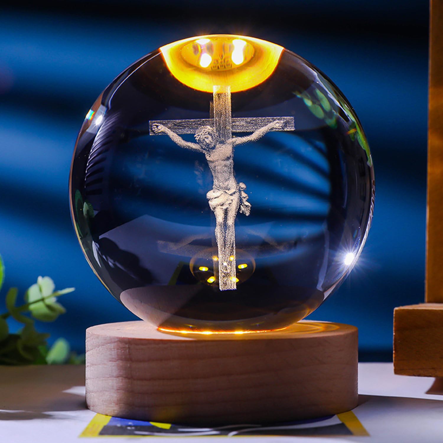 FUNLOV Crystal 3D Jesus Ball Night Light, 2.36in Statue Religious Gifts for Women Men, Glass Christian Sphere with Wooden Base, Collectible Keepsake for Christmas Home Party Decor (E)