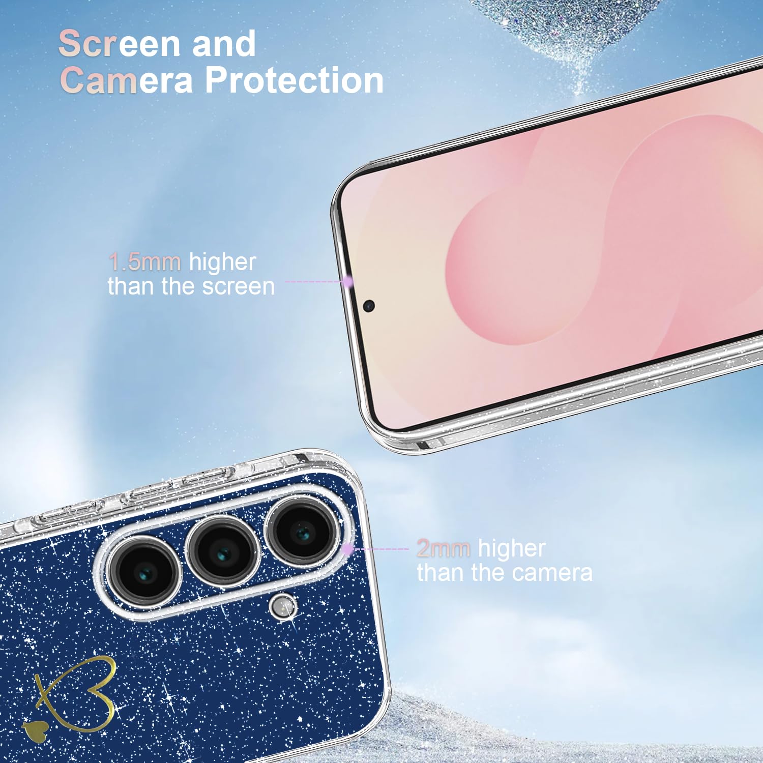 Cover Compatibile con Samsung Galaxy S25 FE 5G ((Non per S25), con 3 Pezzi Vetro Temperato Pellicola Protettiva, Glitter e Antimpronta Custodia, Antigraffio e Morbido Caso - Trasparente