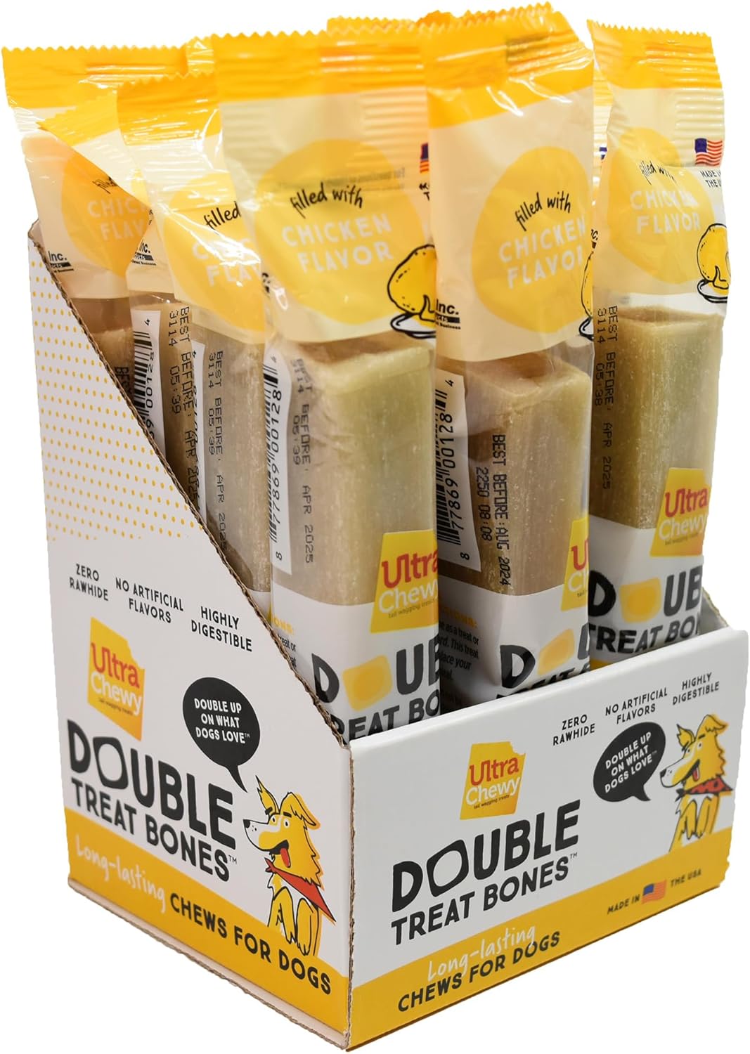 Ultra Chewy Peanut Butter Double Treat Bones: Long-Lasting Dog Treats Made in USA for Large and Small Breeds, Highly Digestible, Ideal for Aggressive Chewers (24 Count)