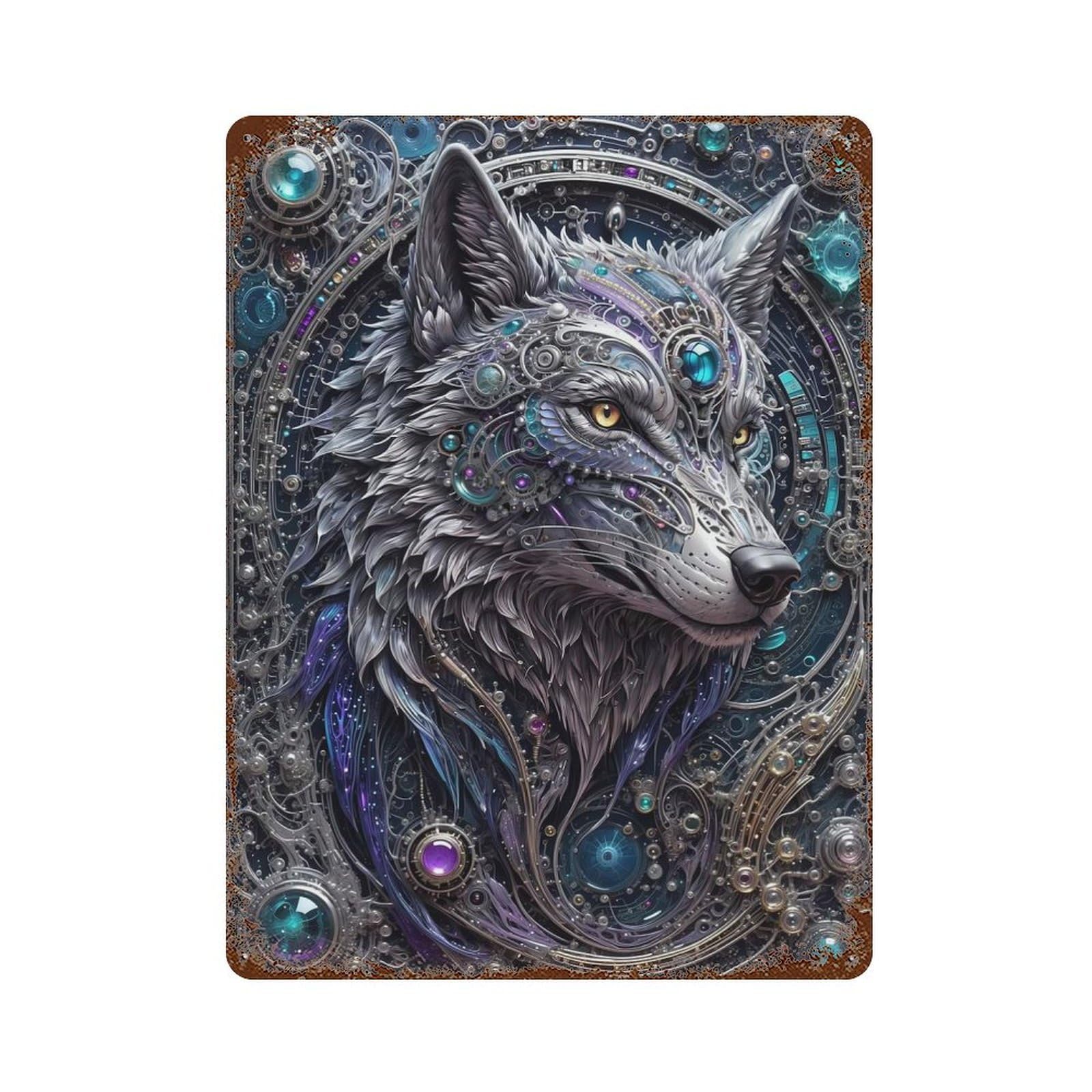 Futuristic Steampunk Wolf Rustic Tin Plaque 15.7"x11.8", for Pub, Kitchen And Man Cave Decor, Vintage Wall Decor