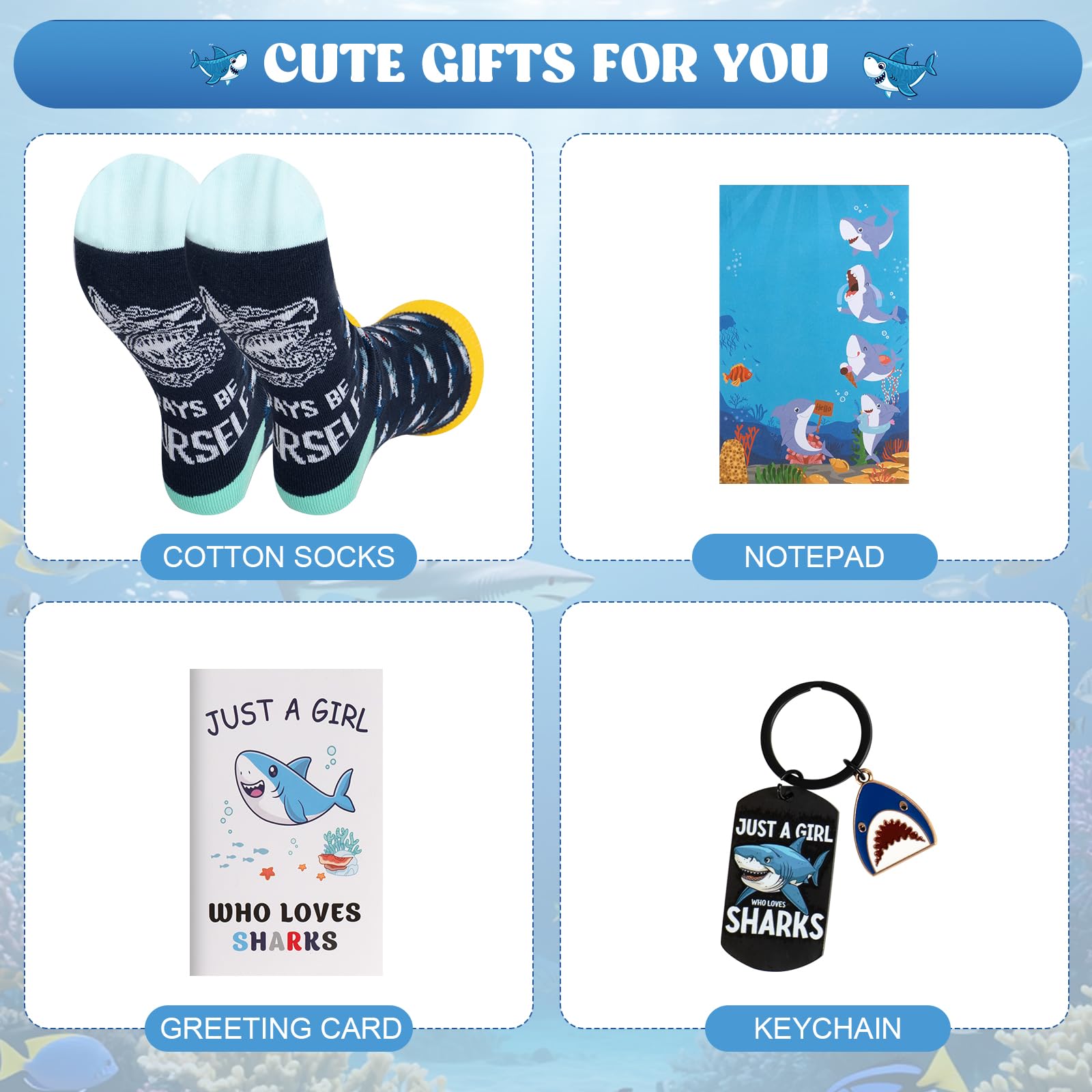 Shark Gifts for Women, 9 Pcs Shark Lovers Gift for Girls Including Tumbler Tote bag Makeup Bag Shark Coin Purse Socks Notepad Keychain Gift Card for Christmas Birthday Mothers Day