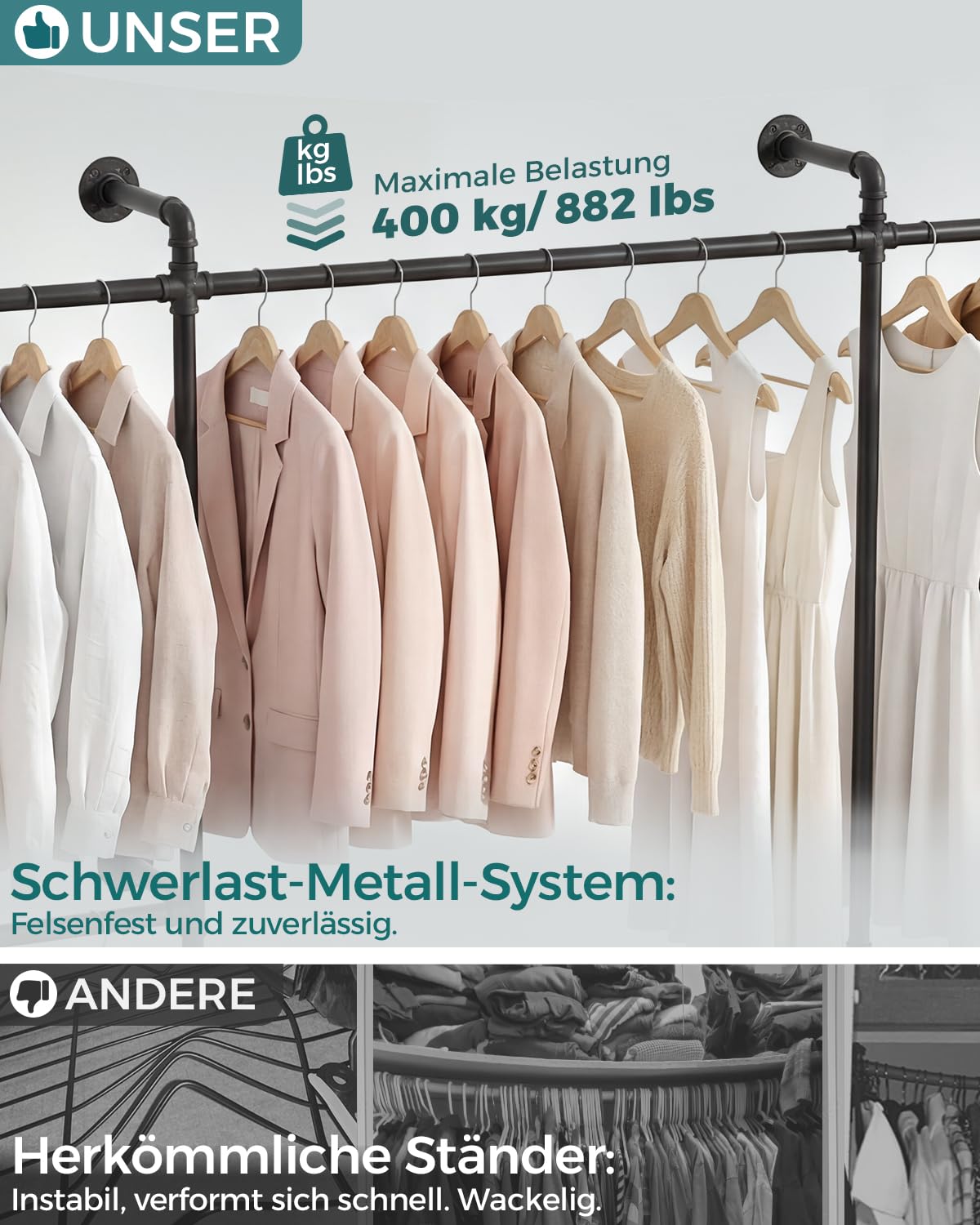 iSunirm Kleiderschrank System Offen – Teleskop Kleiderstange Schwerlast, Begehbarer Kleiderschrank, Flexibel als L-Form oder Gerade, Industrial Pipe Design für Schlafzimmer & Ankleidezimmer