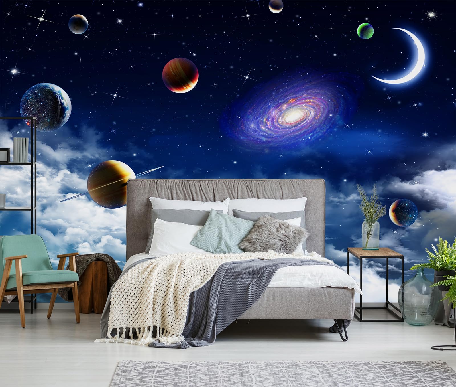 TUNDJ - Galaxy Planet Wallpaper Blue Sky Stars Moon Ceiling Wall Mural for Living Room Bedroom（Not Peel and Stick）