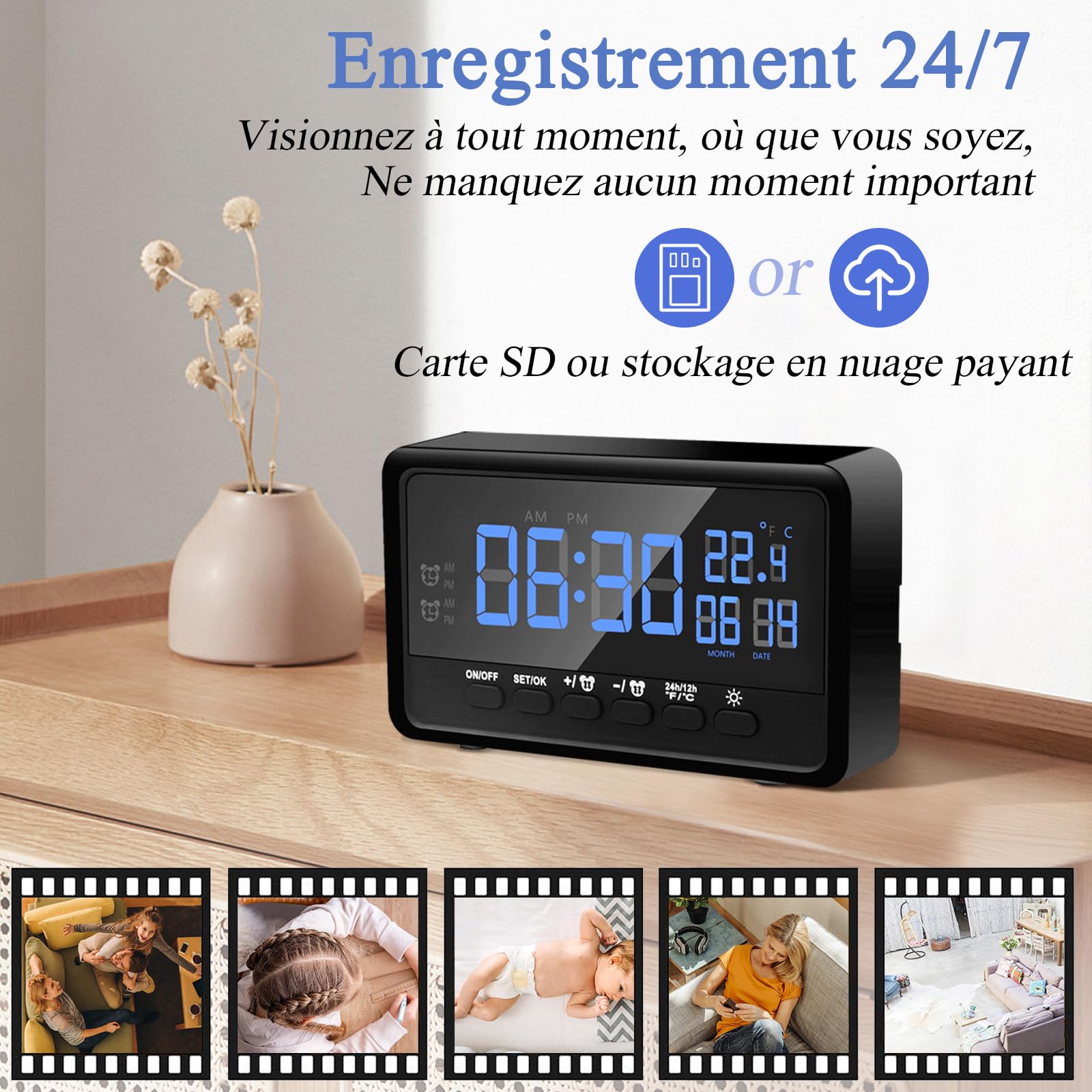 2.4/5Ghz WiFi Caméra Cachée, HD 1080P Mini Caméra Cachée Espion, 2 en 1 Réveil WiFi Camera Espion avec Vision Nocturne et Détection de Mouvement supportant 2 Réveils et APP Vue à Distance