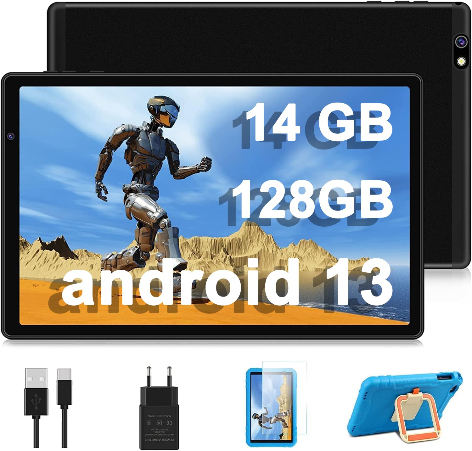 AOCWEI 10 Zoll Kinder X500 Kids Tablet, 14GB+128GB (512GB TF) Android 13 Tablet for Kind mit Kindgerechte Hülle, Octa-Core, 5GWIFI,5MP+8MP Kamera, Google GMS, 8000mAh Eva Schutzhülle-Blau