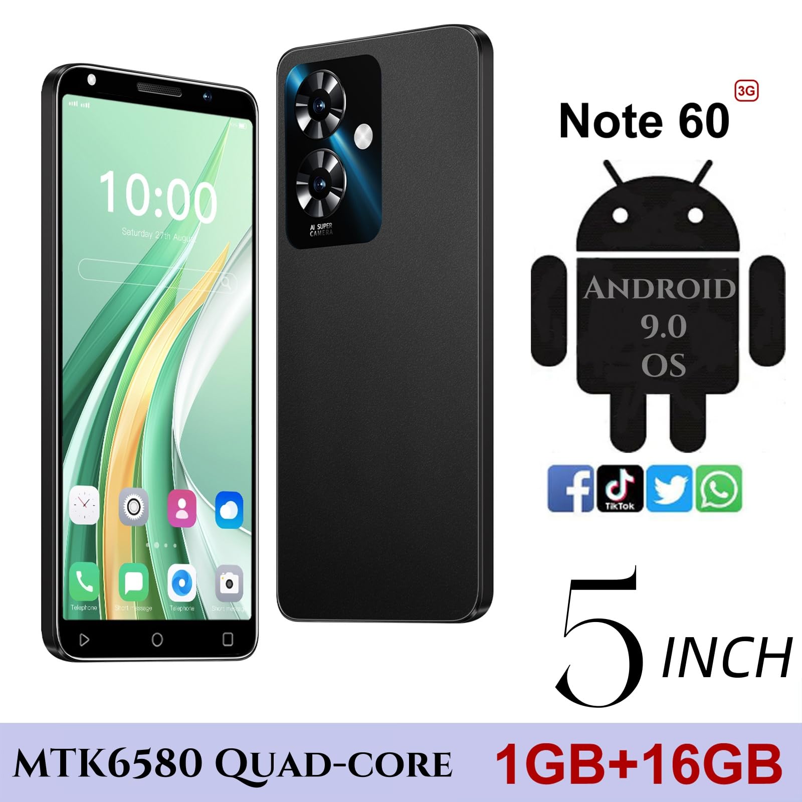 Note 60 Mobile Phones, 5.0'' HD Display, Dual SIM Dual Camera, 16GB ROM【Expandable up to 128GB】, Support WiFi/Bluetooth/GPS, Unlocked Android 3G Smartphone (Blue)