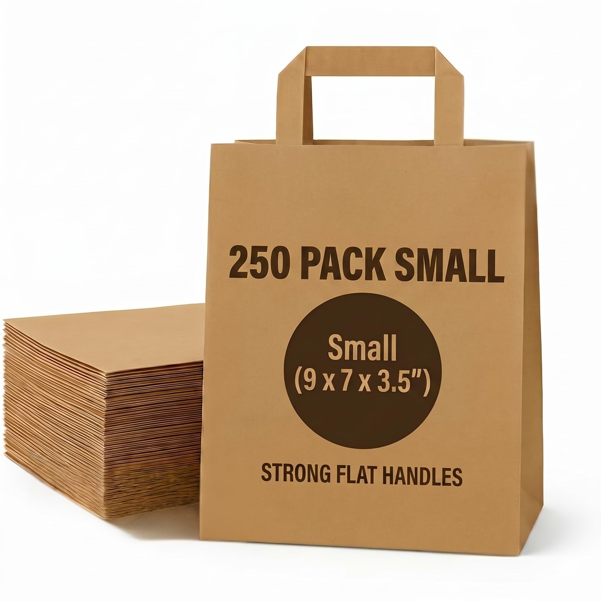 The Happy Garden Brown Kraft Paper Bags with Handles (250 Pack Small), Eco-Friendly 80gsm Strong Takeaway, Tear Resitant Grocery & Gift Bag, Recyclable, Food Safe, Reusable Shopping & Lunch Bags