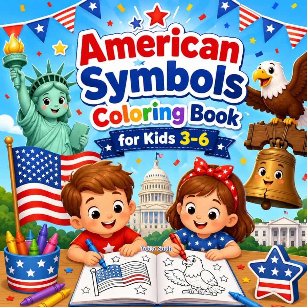 American Symbols Coloring Book for Kids 3-6: Easy Patriotic Coloring Pages for Preschool Boys and Girls, with American Flags, Bald Eagles, Liberty ... Landmarks, and USA 250th Anniversary Fun