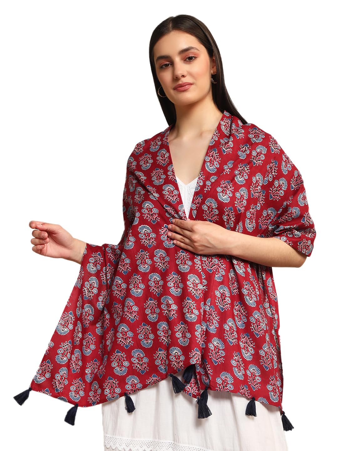 Ravaiyaa - Attitude is everything Hand Block Printed Cotton Long Stole Hijab Neck Wrap Scarf With Tassel 71" X 21" Inch (Maroon White Floral)-image-26