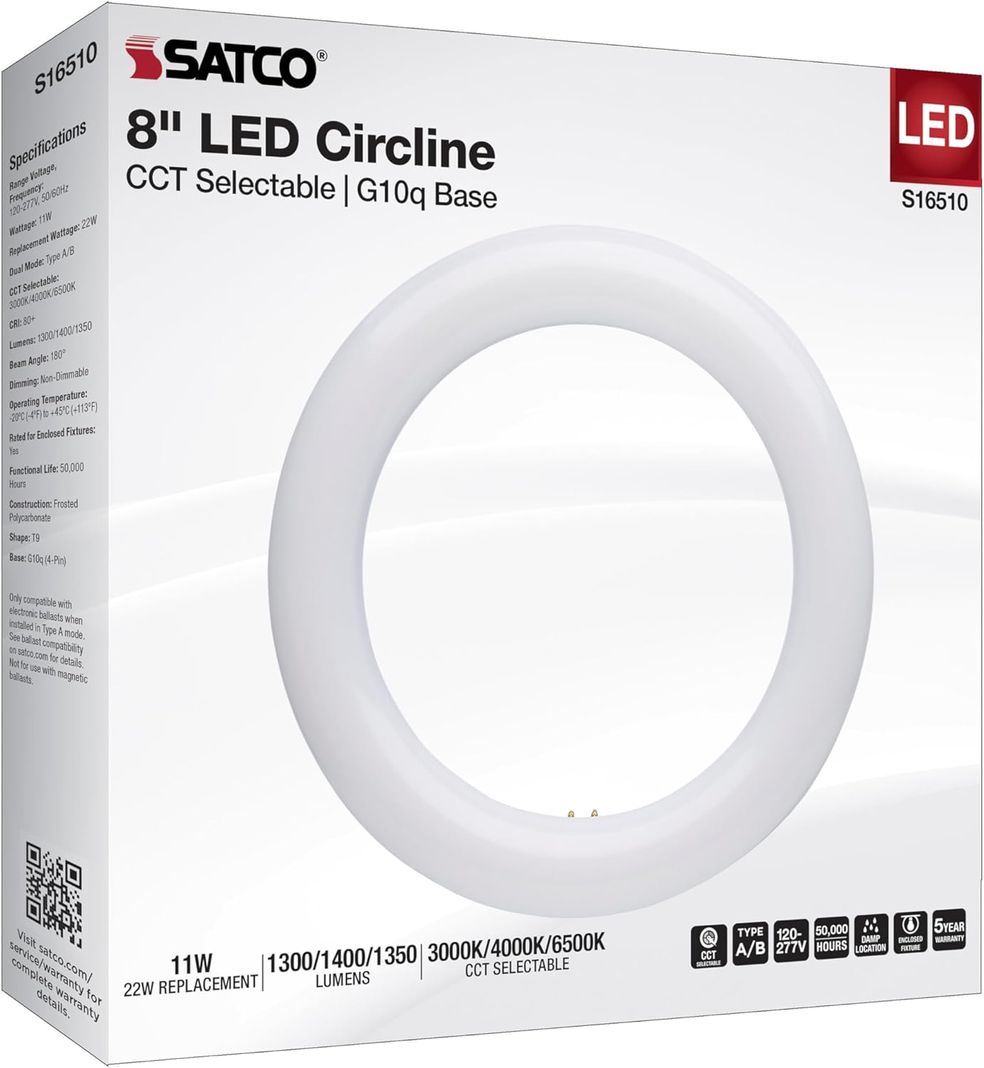 Satco S16510 11W LED Circline T9 Lamp, CCT Selectable 3000K-6500K Soft White to Daylight, 1300-1400 Lumens, Frost, G10q 4-Pin Base, 120-277V, Damp Location, 50000 Hours, Type A/B (2 Pack)