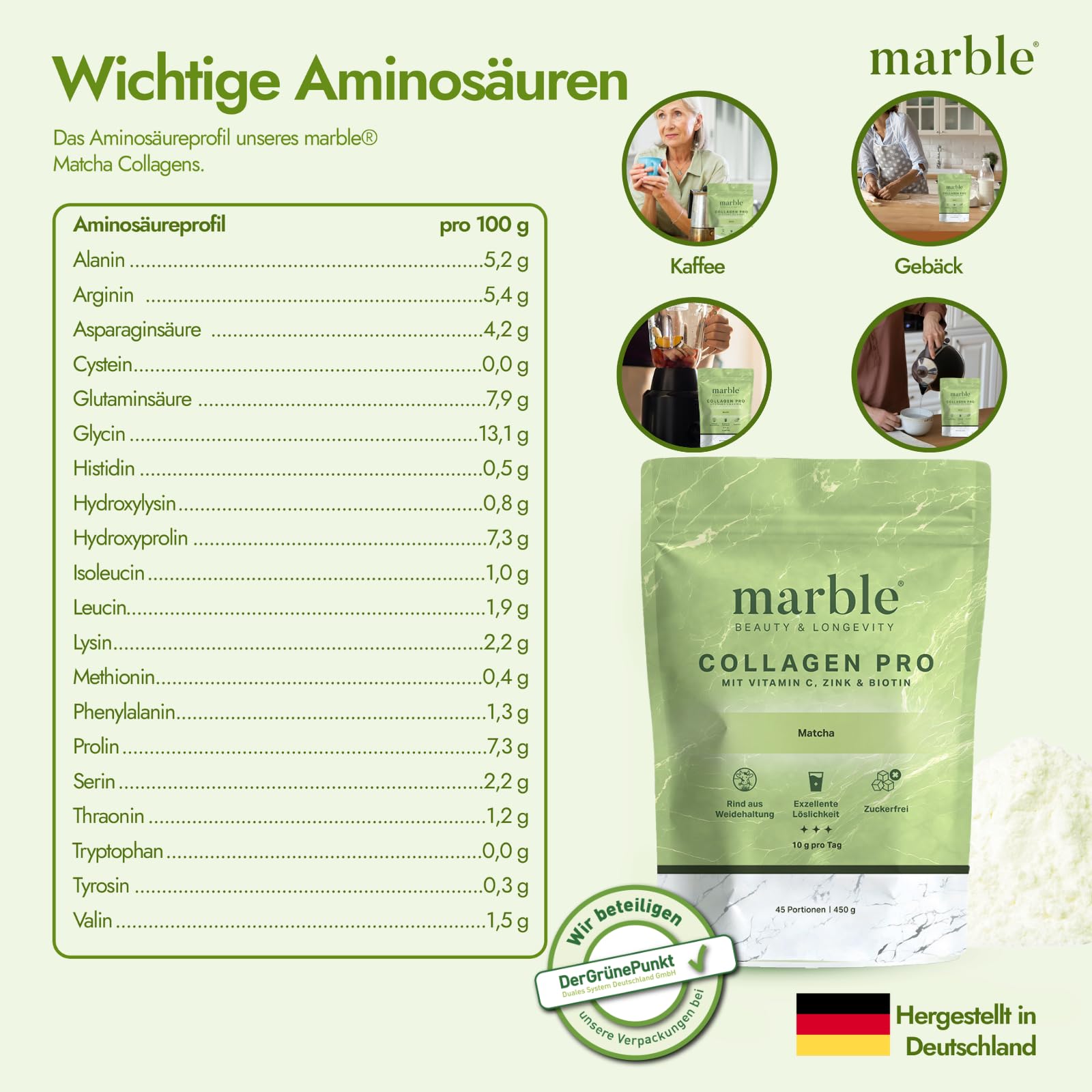 marble Collagene Polvere PRO 450 g – Collagene Polvere più Vitamina C, Zinco & Biotina – Collagene Peptide Skin Glow – 60 giorni senza rischi – Da salice con perfetta solubilità – Matcha