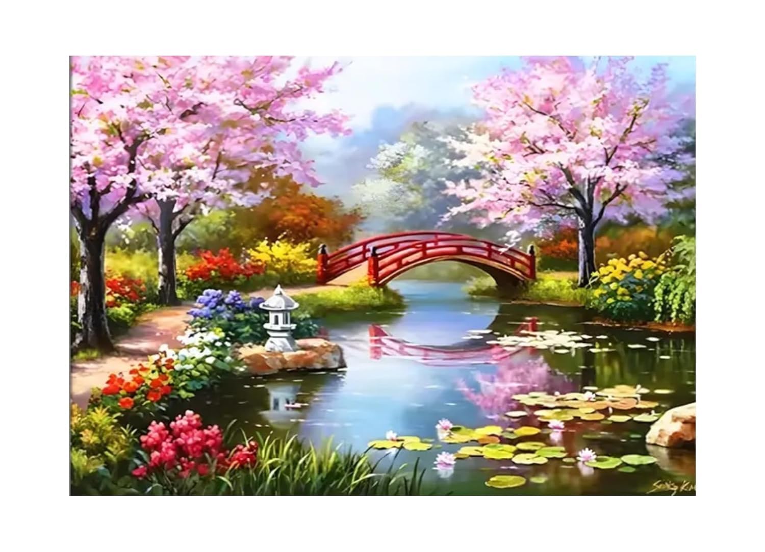 Full Drill Large Square Drill Lake Bridge Lotus Diamond Painting Kit for Adults & Kids, Very Suitable for Home Leisure and Wall Decoration, Gift for Kids and Adults (Bridge Diamond Painting)-image-14