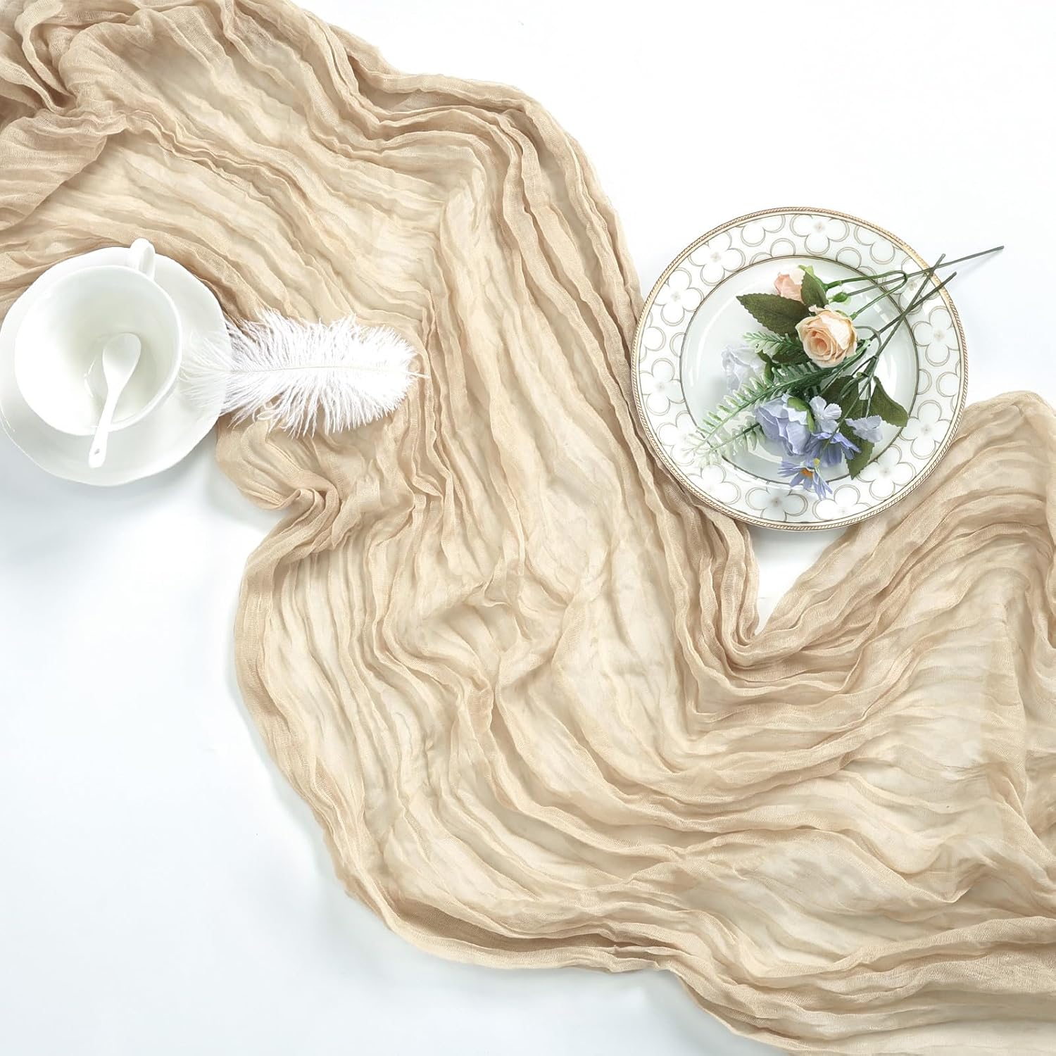 12 Pack Beige Cheesecloth Table Runner 10ft Boho Gauze Fabric Cheese Cloth Table Runner 35 x 120 Inch Rustic Sheer Runner for Holiday Baby Shower Home Décor Party Wedding Decoration