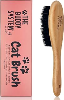 Buddy System Boar Bristle Cat Brush - Professional Grooming Reduces Shedding & Dander, Healthy Shine for All Fur Lengths, Wooden Handle