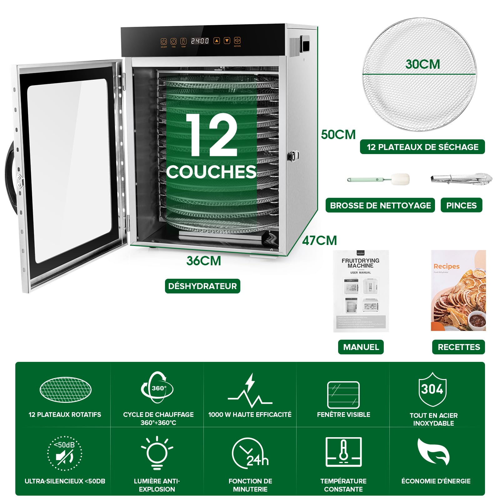 Kwasyo Deshydrateur Alimentaire avec 12 Rotatif Plateaux en Inox - Double ventilateur Séchage efficace à 720° - Deshydrateur Viande, Fruits, Champignons - 1000W Déshydrateur Alimentaire Inox