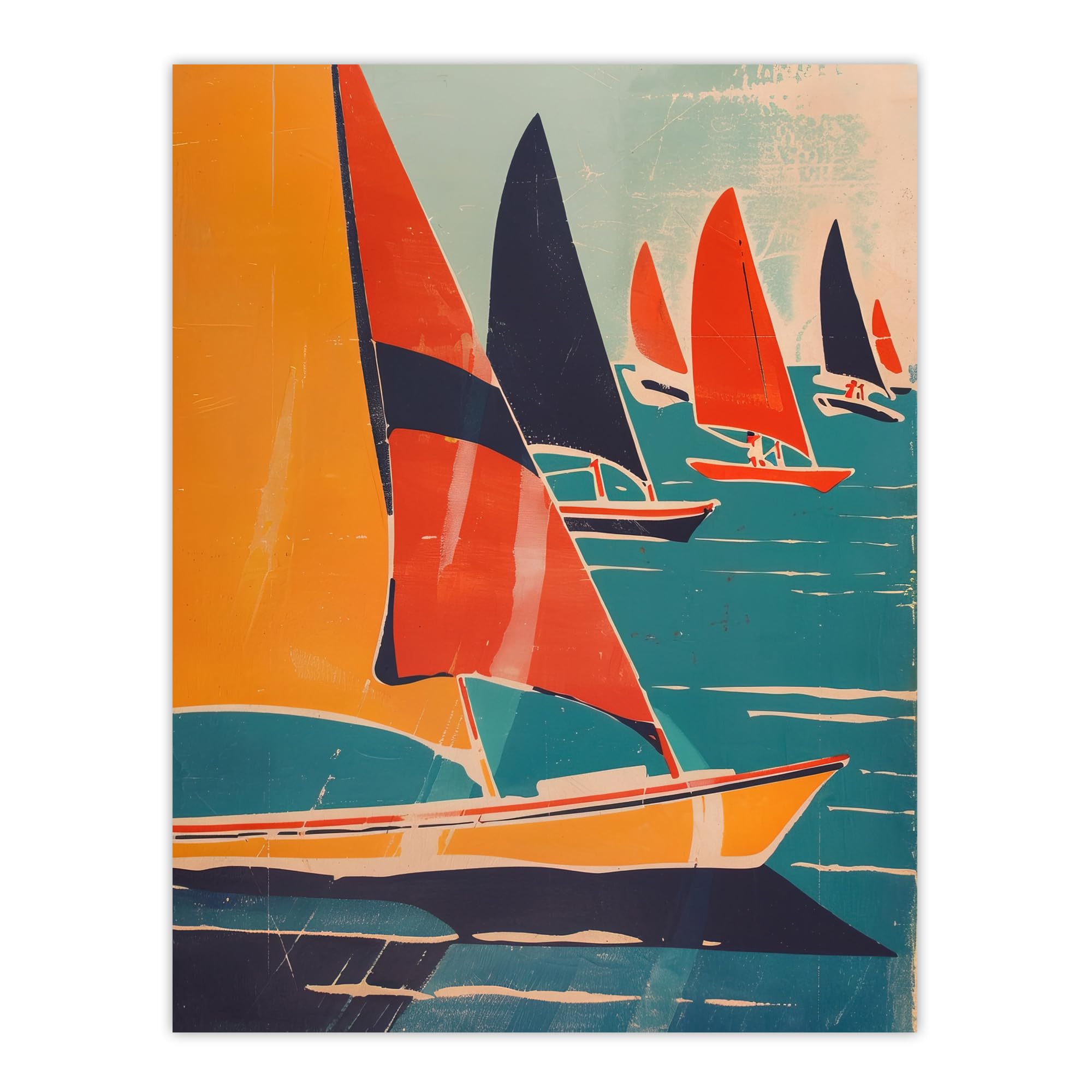 Artery8 Sailboats at Sea Artwork - Nautical Wall Art Print - W18" x H24" - Orange