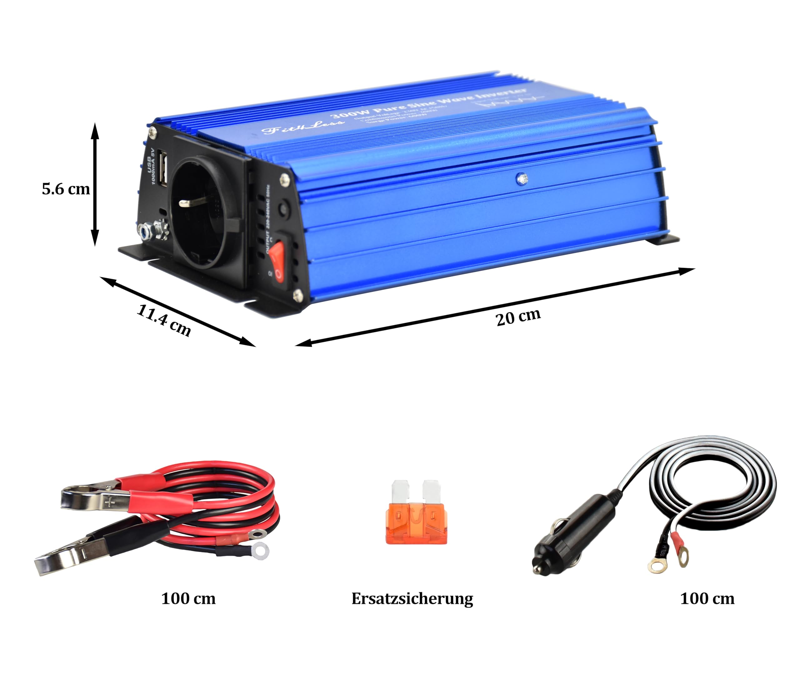 Reiner Sinus-wechselrichter 300 Watt mit Deutsche Steckdosen,DC 5 V 2 A USB-Ausgang (300W)