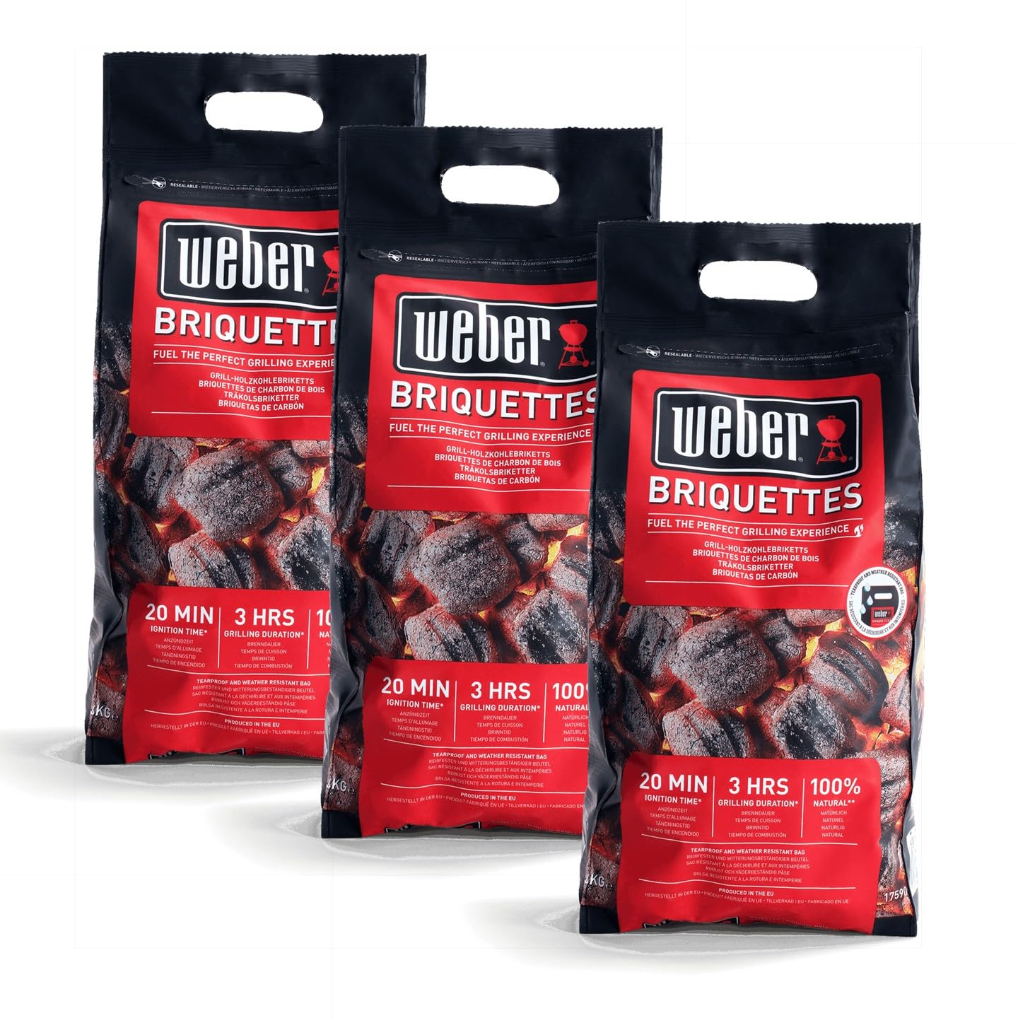 Weber barbecue briquettes (12kg box), comprising 3 x 4kg packs, for long-lasting and consistent embers, 100% natural wood, EU product, sustainably sourced, FSC-certified