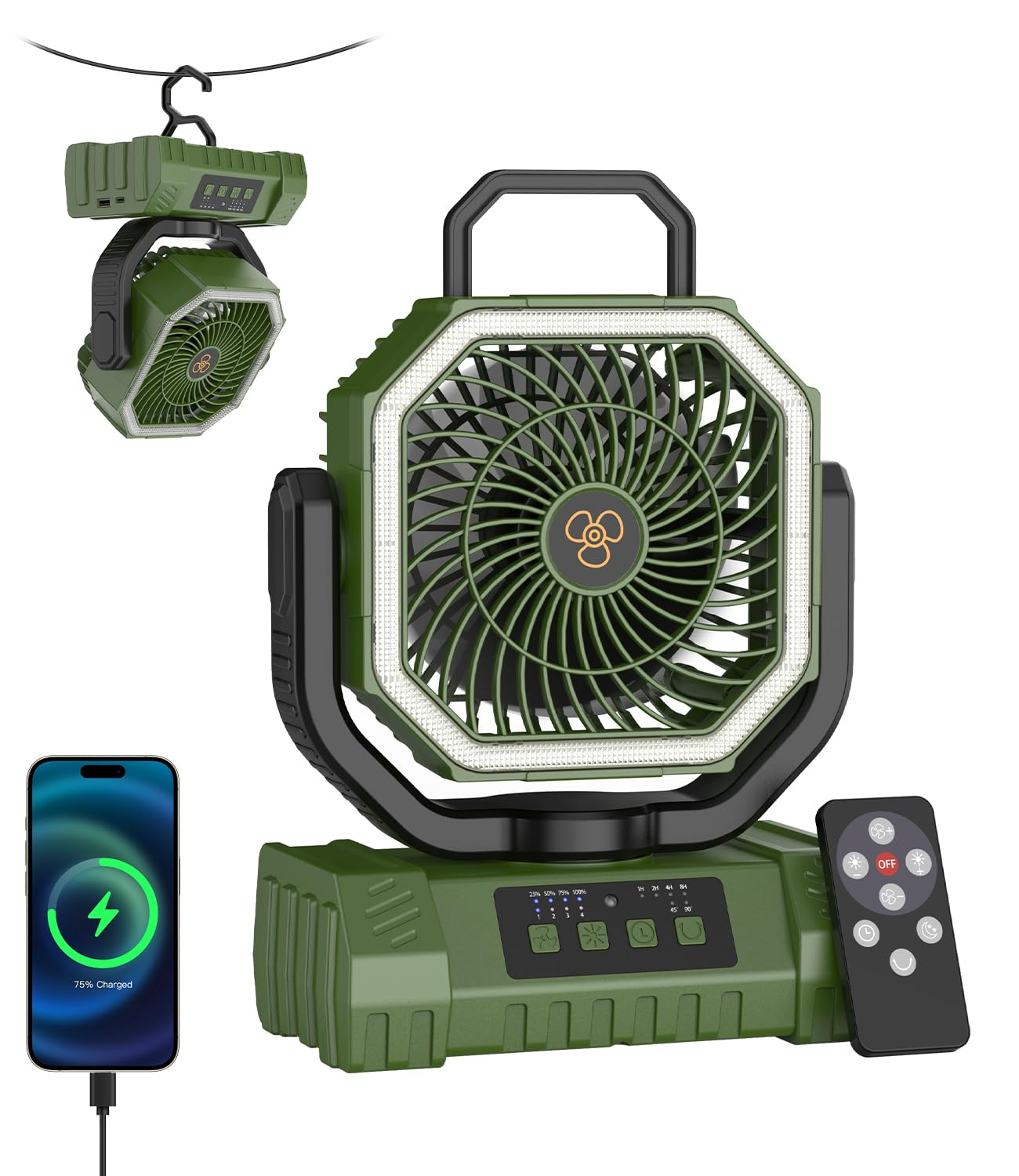 Ventilateur Camping Portable 20000mAh, Mini Ventilateur USB C avec 4 Vitesses, Minuterie 1-8H, 2 Angles de Rotation (45°/90°), Lampe LED 3 Niveaux (vert)