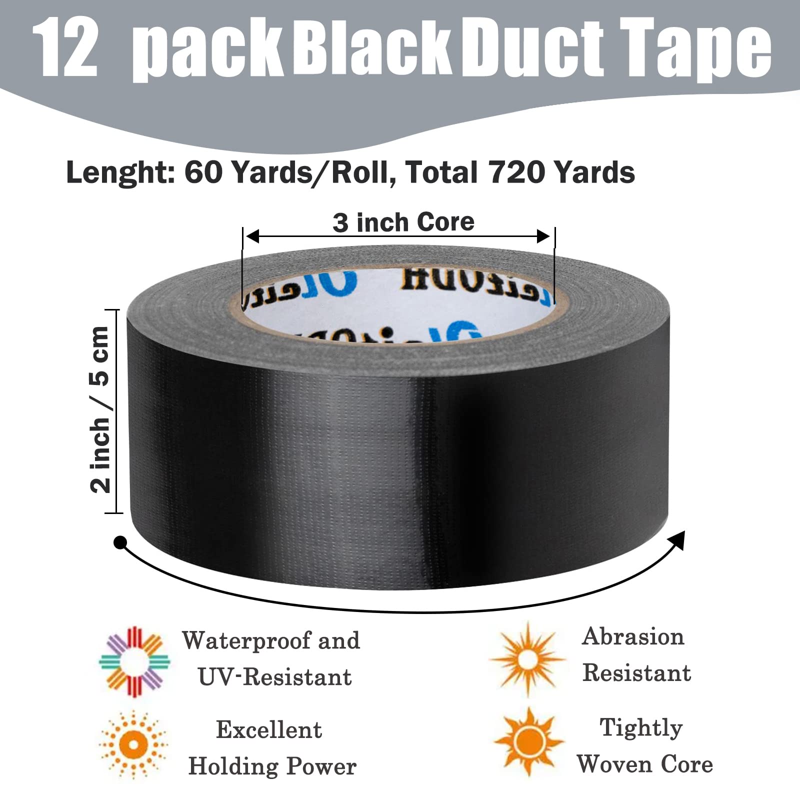 12 Pack Black Duct Tape Bulk 2 inch Duct Tape Heavy Duty 60 Yards Each,Strong No Residue All-Weather Duct Tape, Tear by Hand, Multi-Use for Indoor & Outdoor Repairs, Industrial, Professional Use