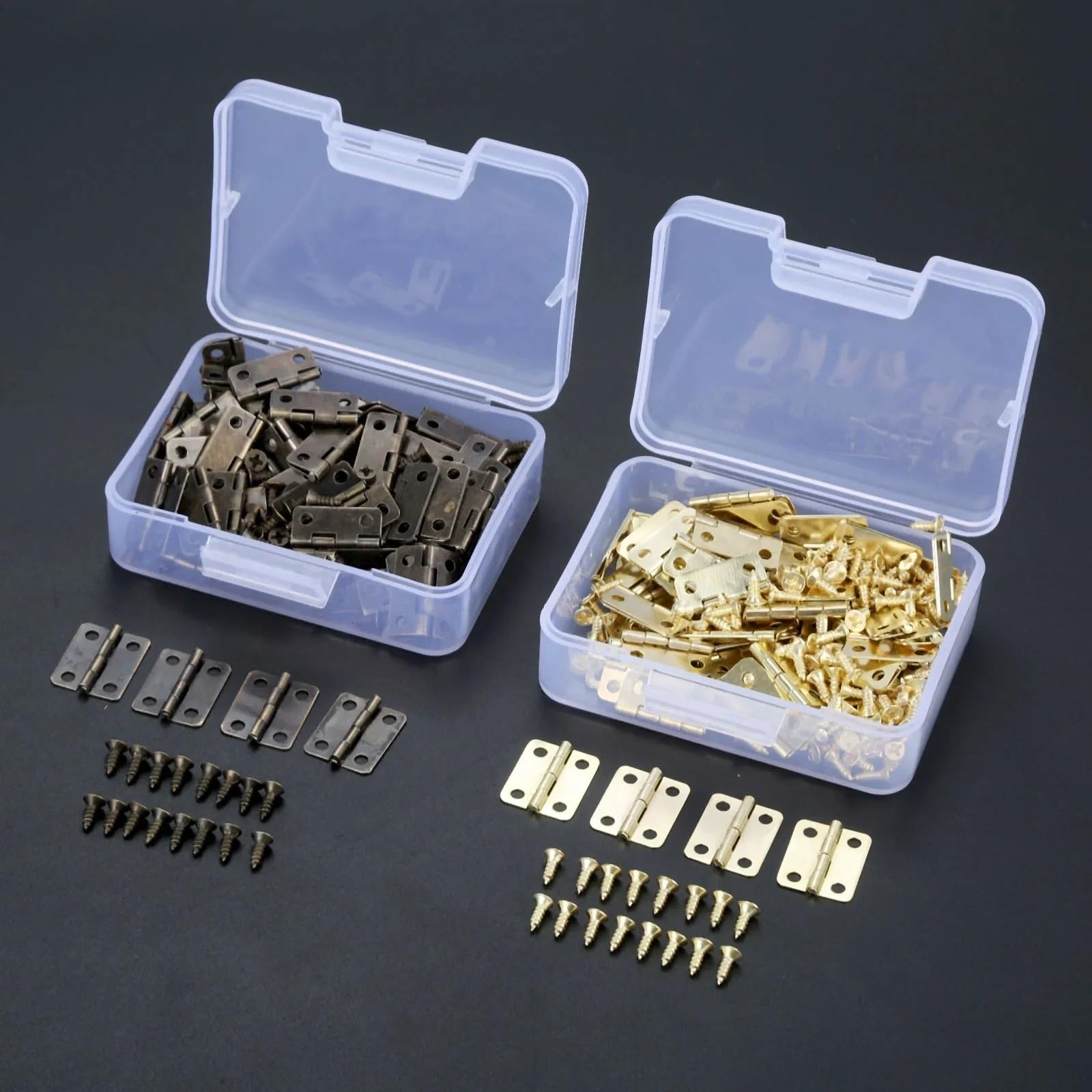 YMUGUEGH 60 pieces/box hinge + 240 screws iron gold/bronze 4 holes durable furniture hardware 16 * 13mm mini round hinge decoration(Antique Bronze)