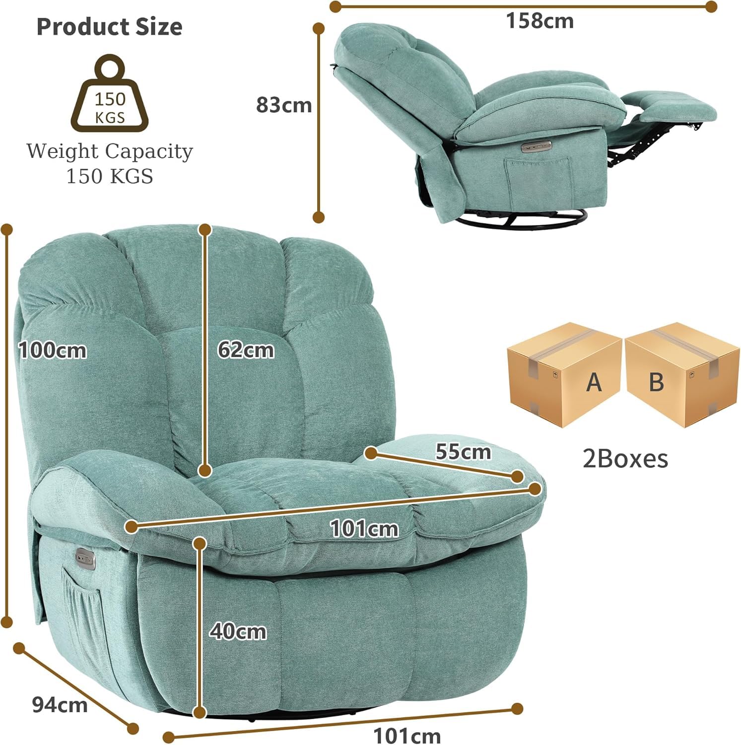 Sillón Relax Reclinable Eléctrico con Calefacción, Puertos de Carga USB-A y USB-C para Dormitorio, Salón, Estudio (Verde)