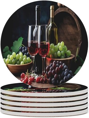 Miniatura 15 de Round-4 posavasos de cerámica para vino tinto, posavasos redondos absorbentes para bebidas, estilo vintage de madera, vino tinto, uvas, frutas y