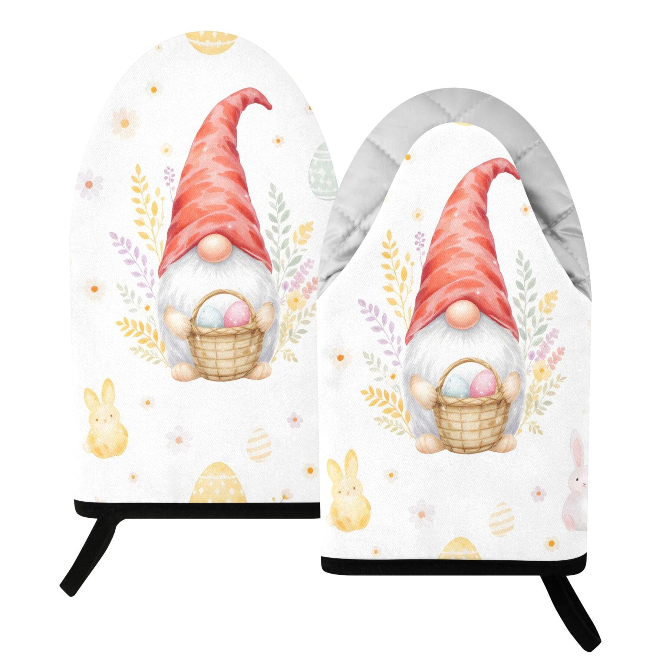 Kutsu Watercolor Easter Gnome Oven Mitts for Kitchen, Heat Resistant Cotton Oven Gloves for BBQ Baking Cooking, Breathable Kitchen Essentials, 2 pcs
