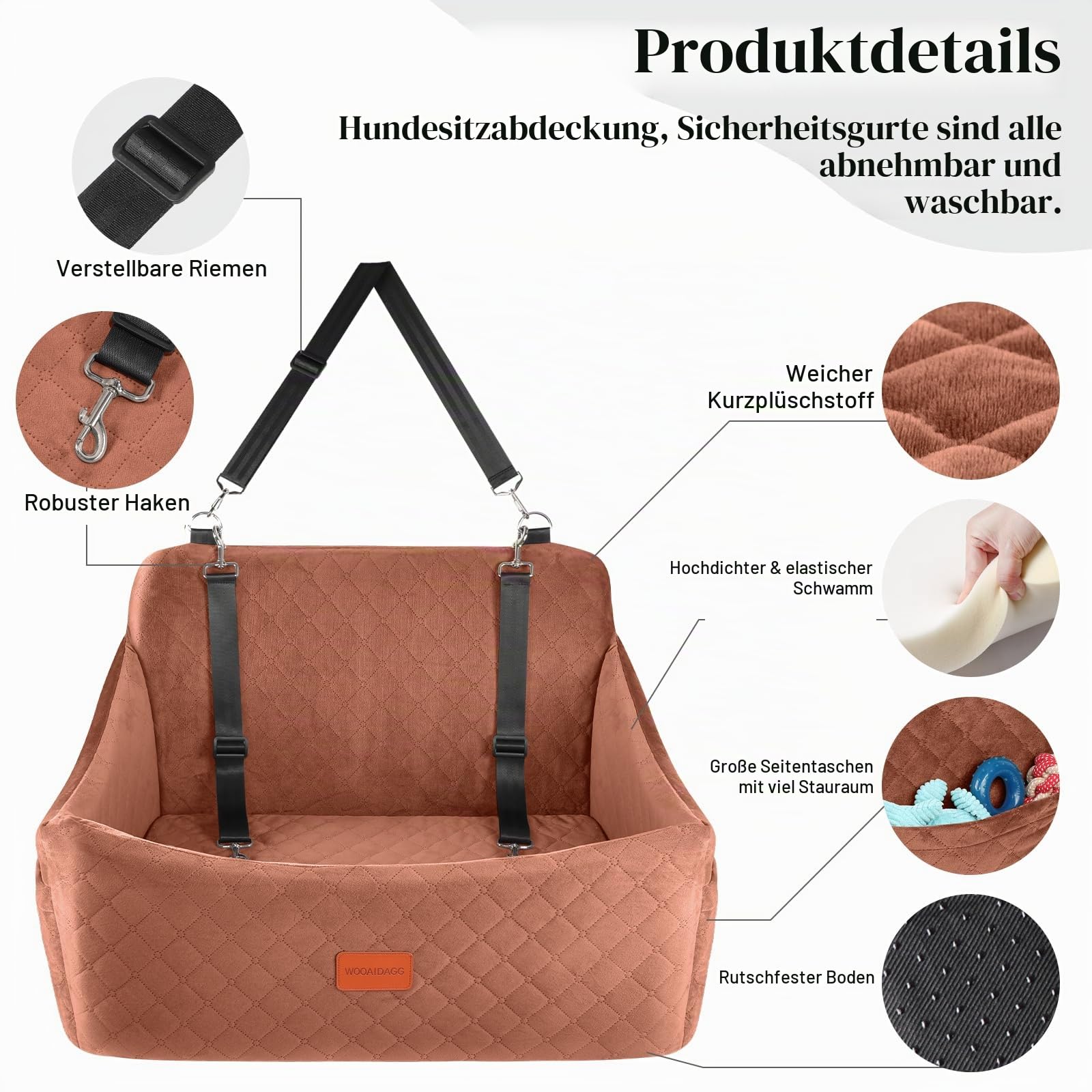 Wooaidagg Dog Car Seat for Large Size Dog Up to 55lbs,Easy to Install Car Dog Bed with Super Soft Fabic and Filling in Memory Foam,Fully Detachable and Washable Pet Car Seat(Brown,Large)