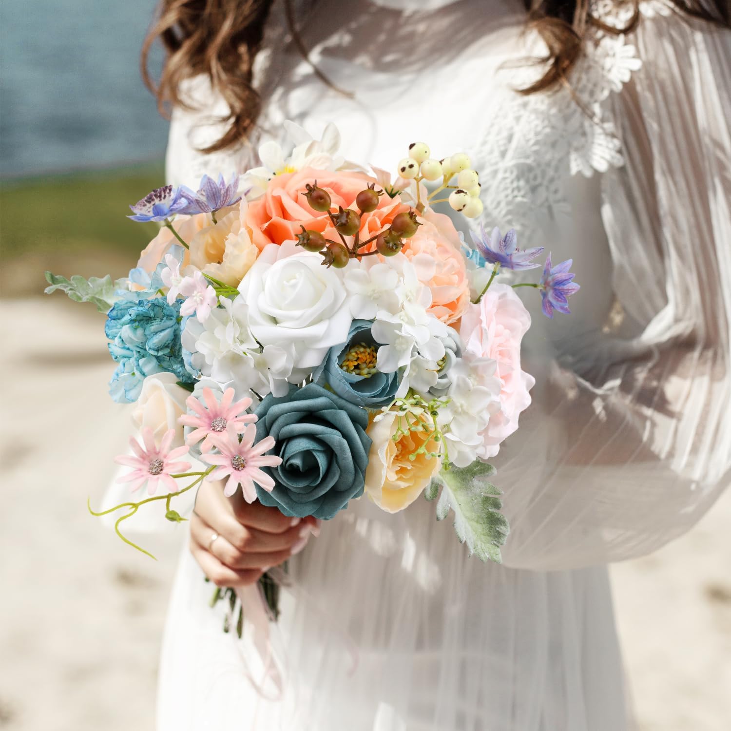 Garisey Artificial Flowers Combo for DIY Wedding Bouquets Combo Centerpieces Arrangements Party Bridal Baby Shower Home Decorations-Blue&White